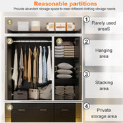 PAKASEPT Large Wardrobe Closet, Armoire Closet with Door and Mirror, LED Lights, Hanging Rod, Drawers, Armoires and Wardrobes for Bedroom (Black)