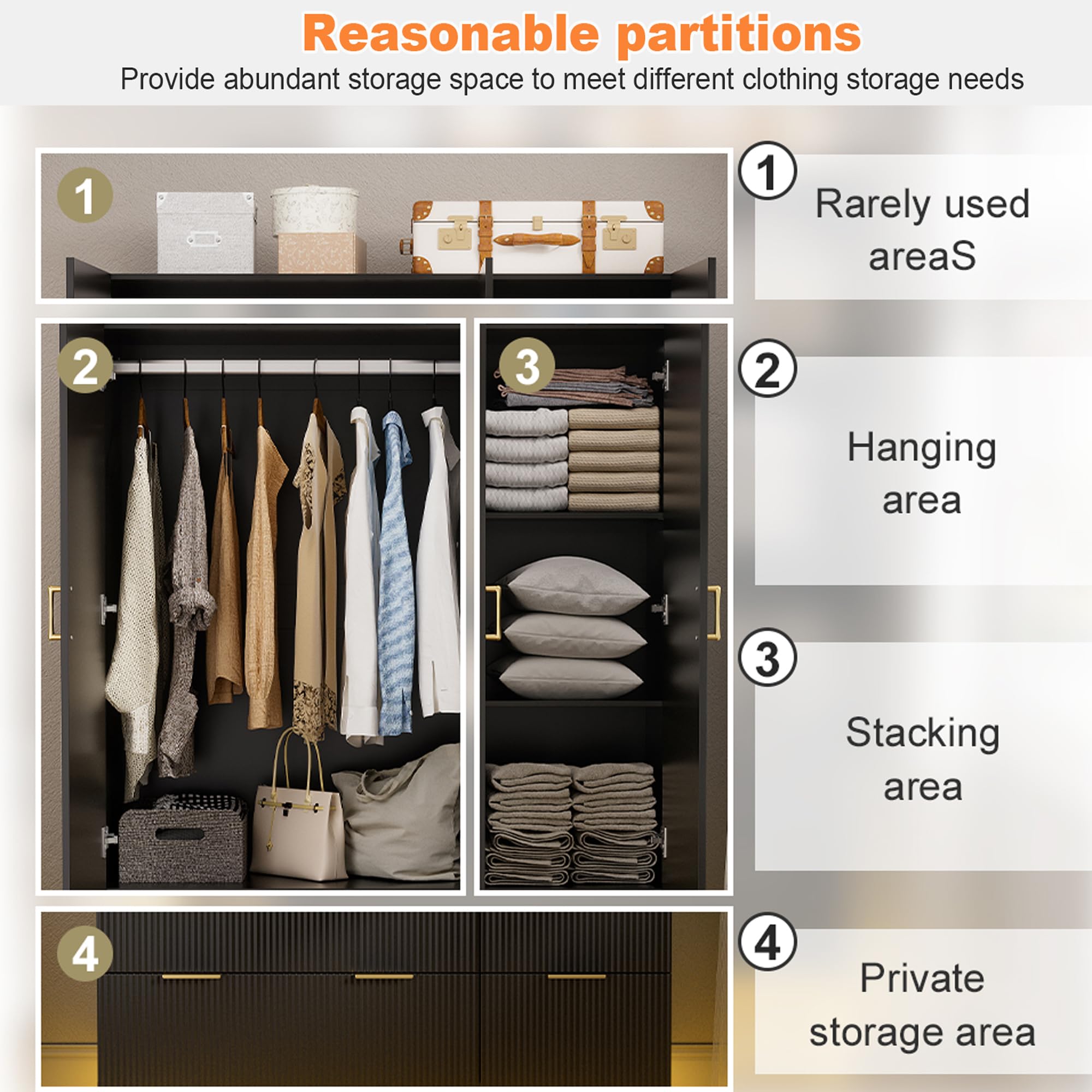 PAKASEPT Large Wardrobe Closet, Armoire Closet with Door and Mirror, LED Lights, Hanging Rod, Drawers, Armoires and Wardrobes for Bedroom (Black)
