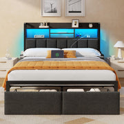 Upholstered Platform Bed Frame with Storage Drawers, LED Lights & Charging Station