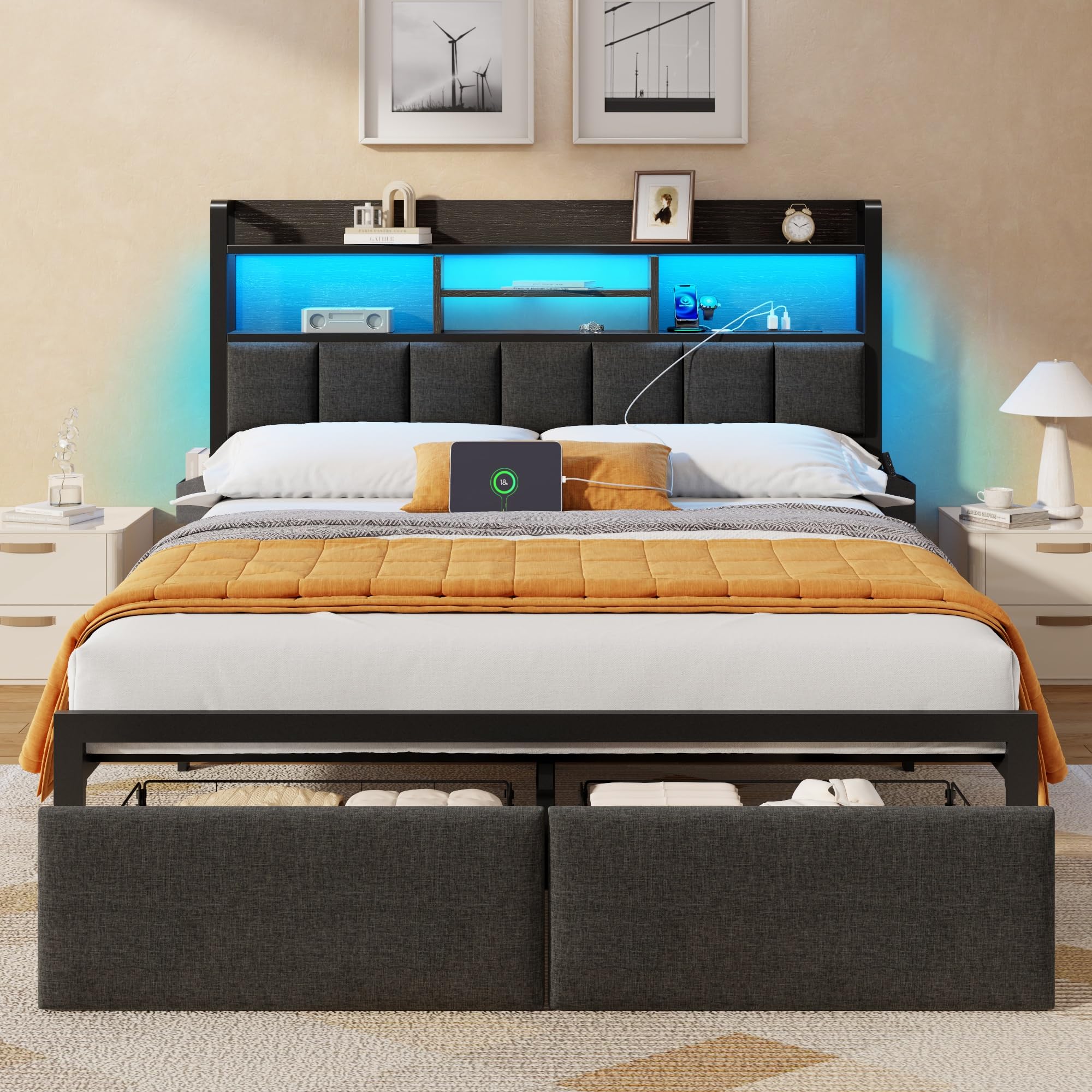 Upholstered Platform Bed Frame with Storage Drawers, LED Lights & Charging Station