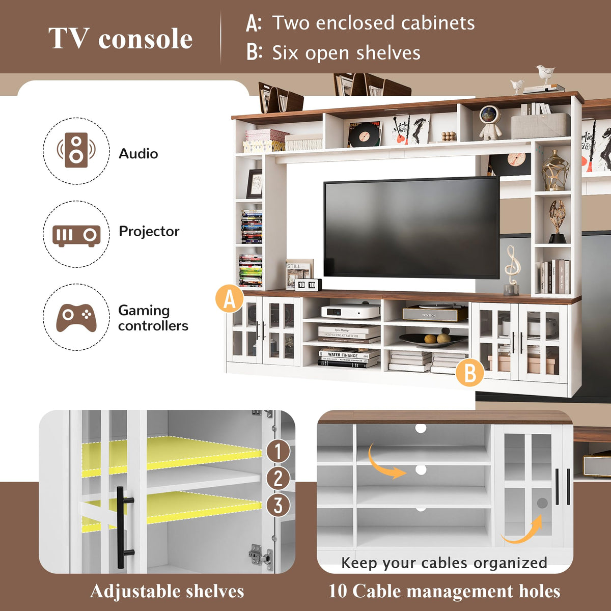 95.5" Entertainment Wall Unit Set with Bookshelves, Modern TV Stand for Televisions Up to 80", Large Media Console with Cabinets and Tempered Glass Doors for Living Room