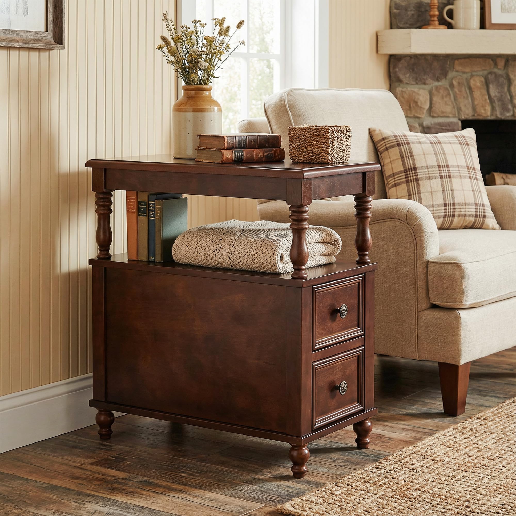 Mid-Century Wood End Table with 2 Drawers & Storage Shelf