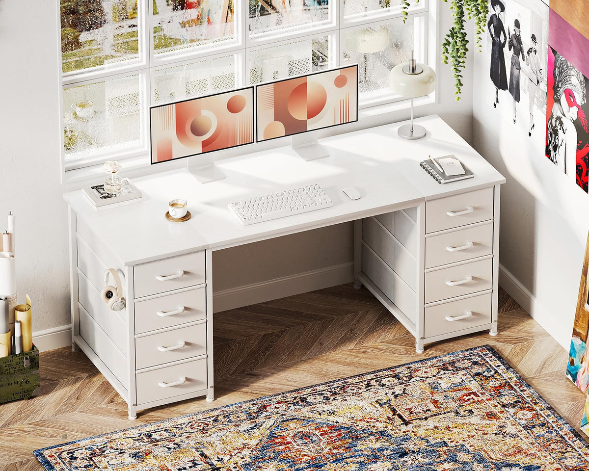 White Computer Desk with 8 Drawers