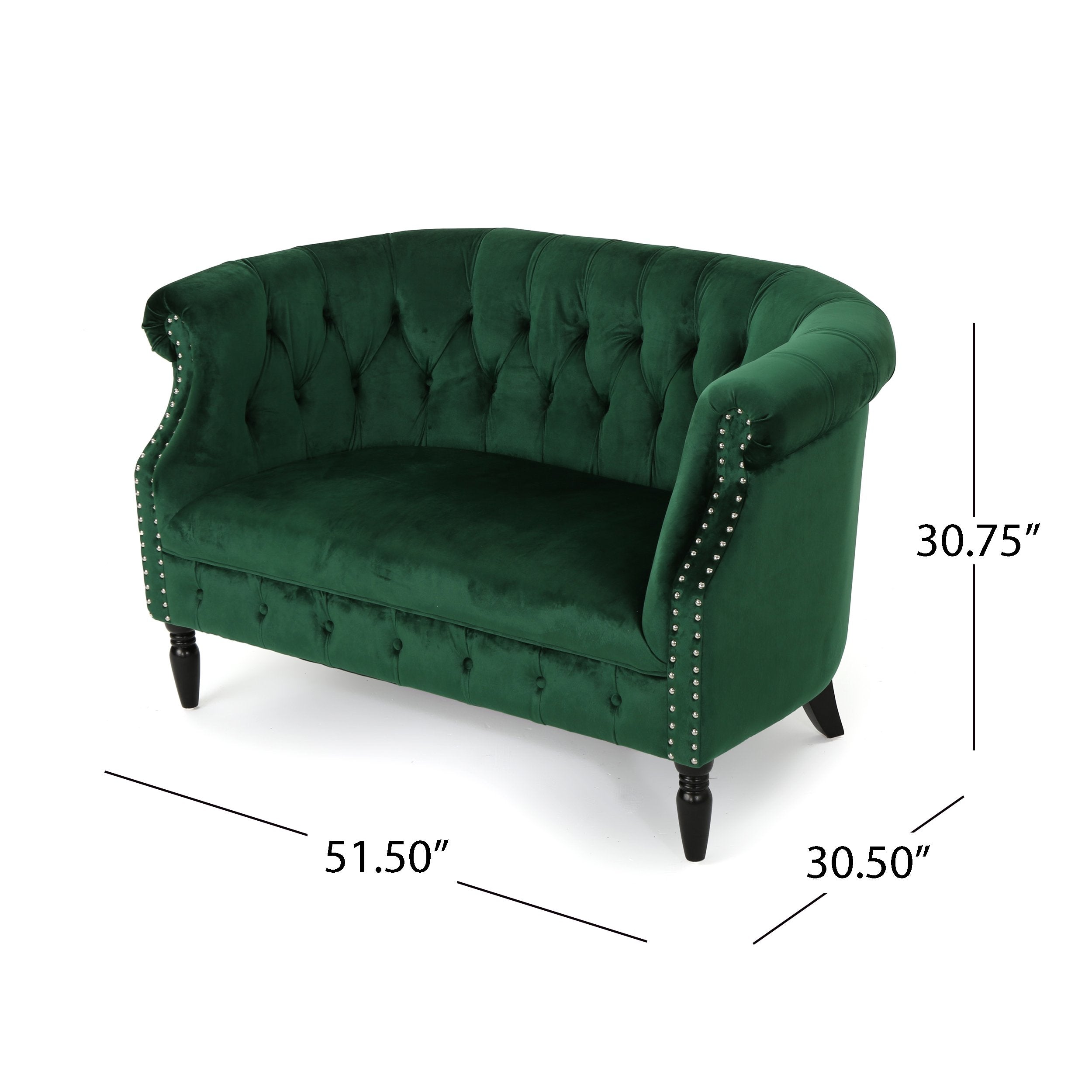 GDFStudio Melaina Tufted Chesterfield Velvet Loveseat with Scrolled Arms, Emerald and Dark Brown.