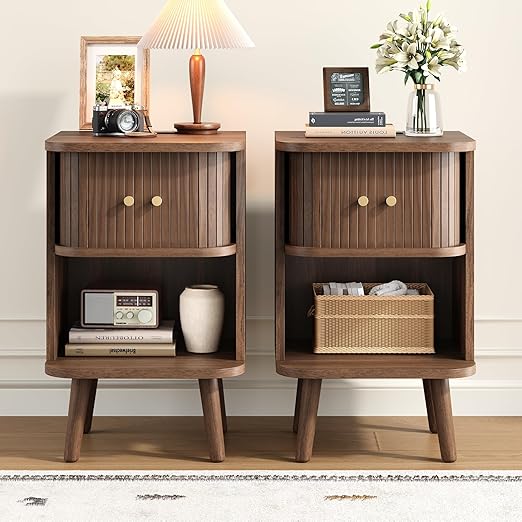 Fluted Nightstand with Charging Station & Sliding Tambour Door