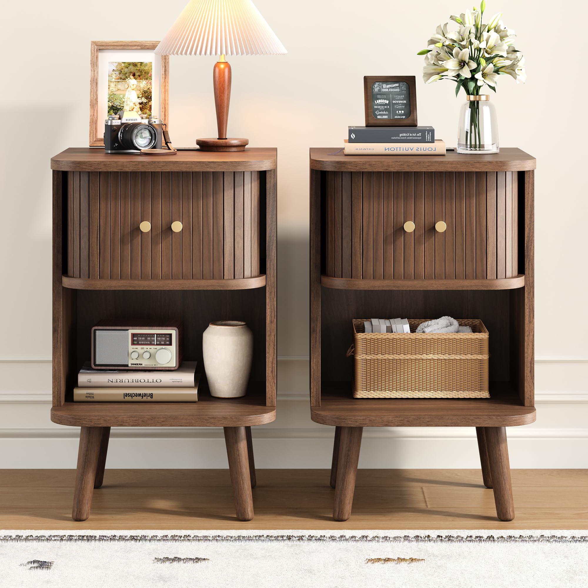 Fluted Nightstand with Charging Station & Sliding Tambour Door