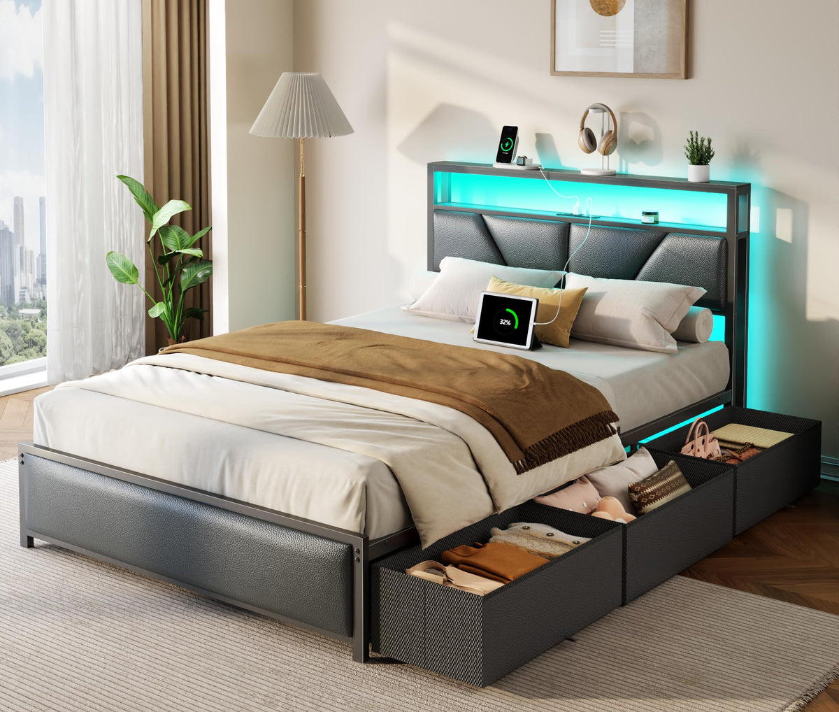 Full Storage Bed Frame with LED Lighting