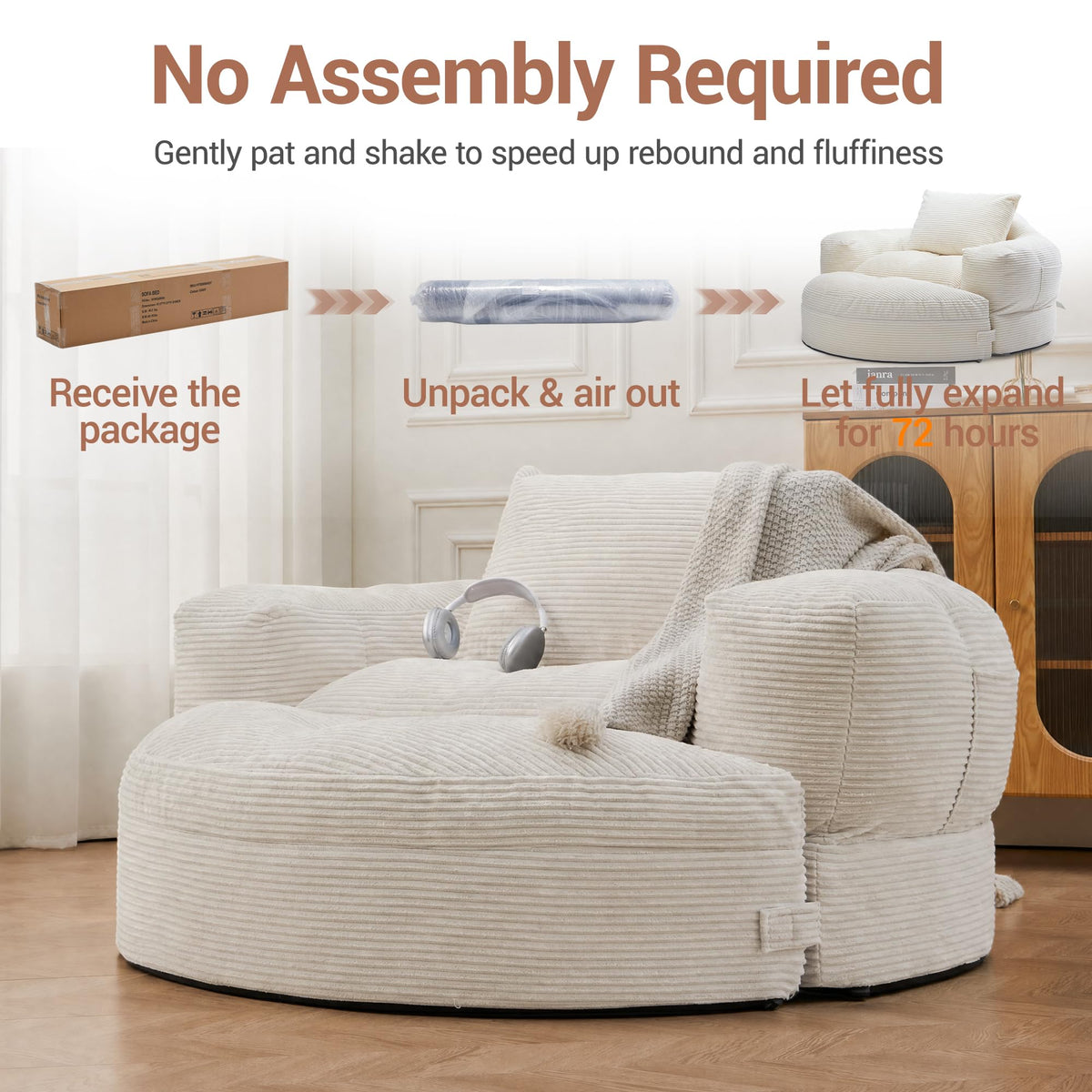 WiNVO 63''Oversized Round Chaise Lounge Chair with Footrest Ottoman(Beige)
