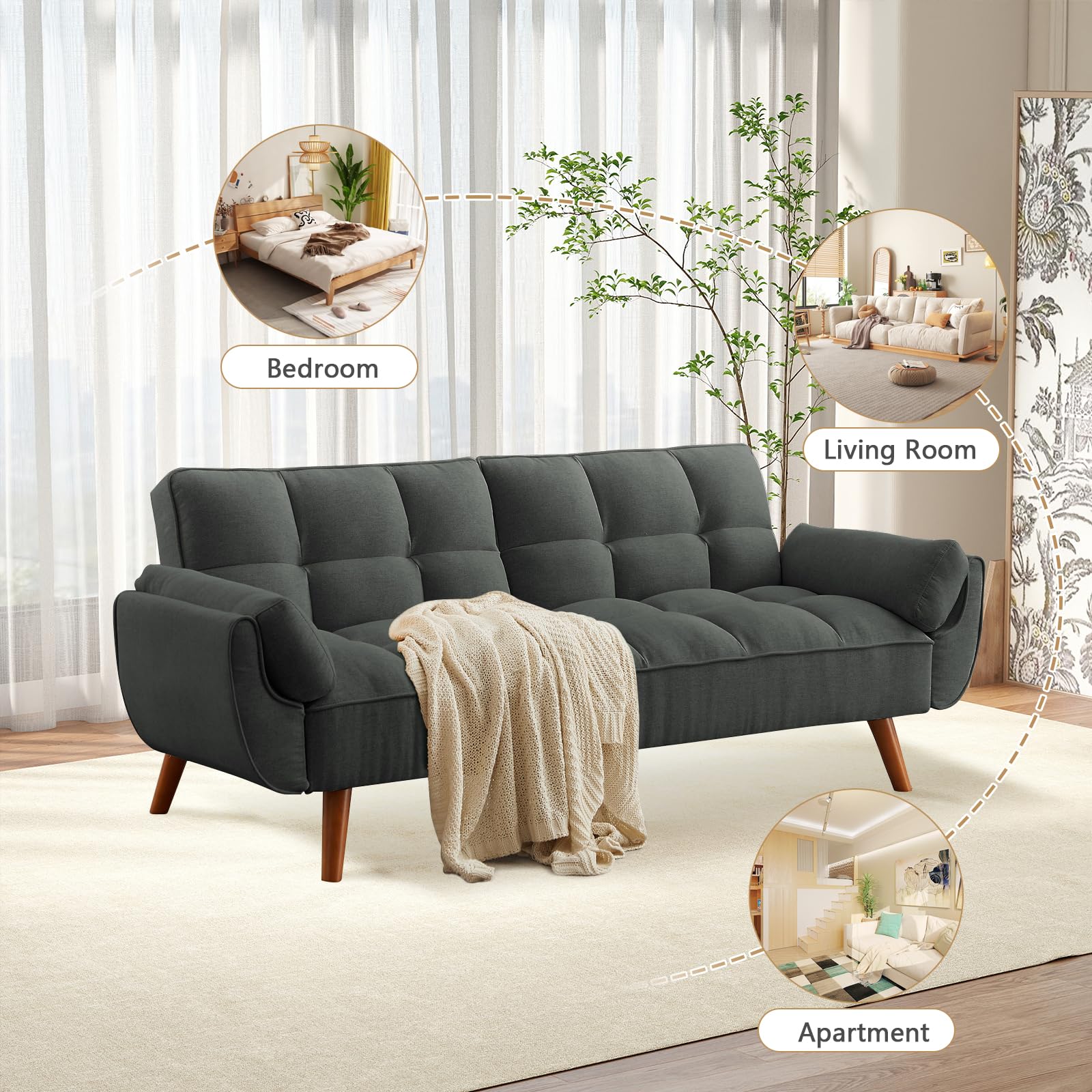Gleariae 75" Convertible Futon Sofa Bed, Sleeper Couch Bed with Adjustable Backrest, Small Couches for Small Spaces, Living Room, Bedroom and Office (Dark Gray)