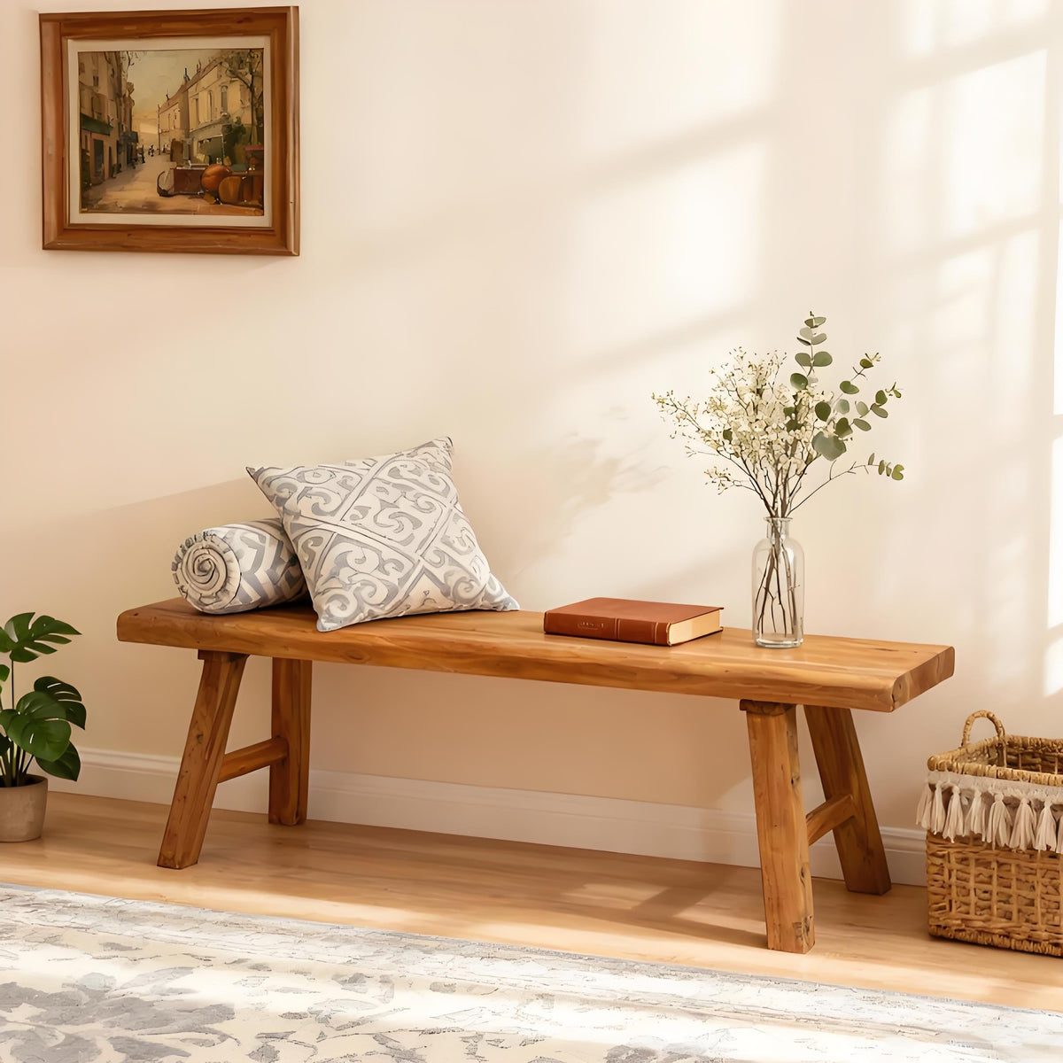 Rustic Elm Wood Bench