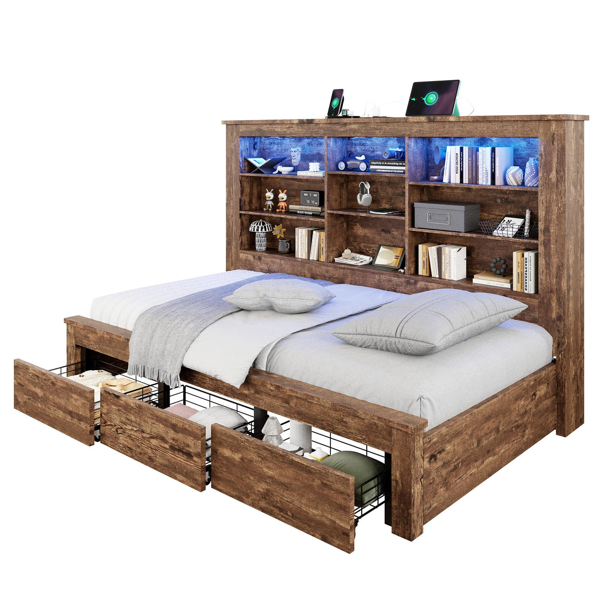 Jocisland Twin Bed Frame Bookcase Headboard, USB/LED＆3 Drawers, Rustic Oak
