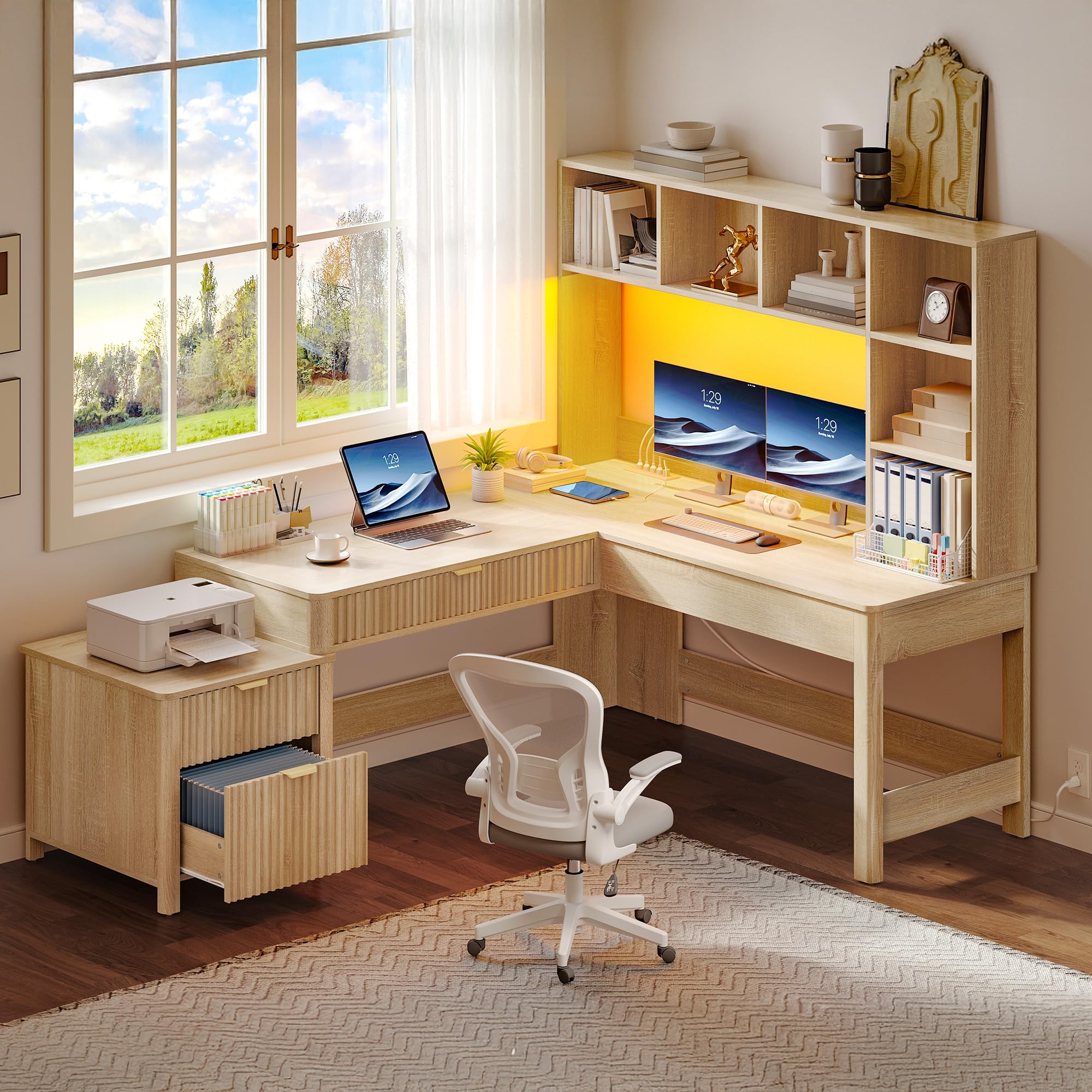 L-Shaped Desk with Hutch, Drawers & Power Outlets