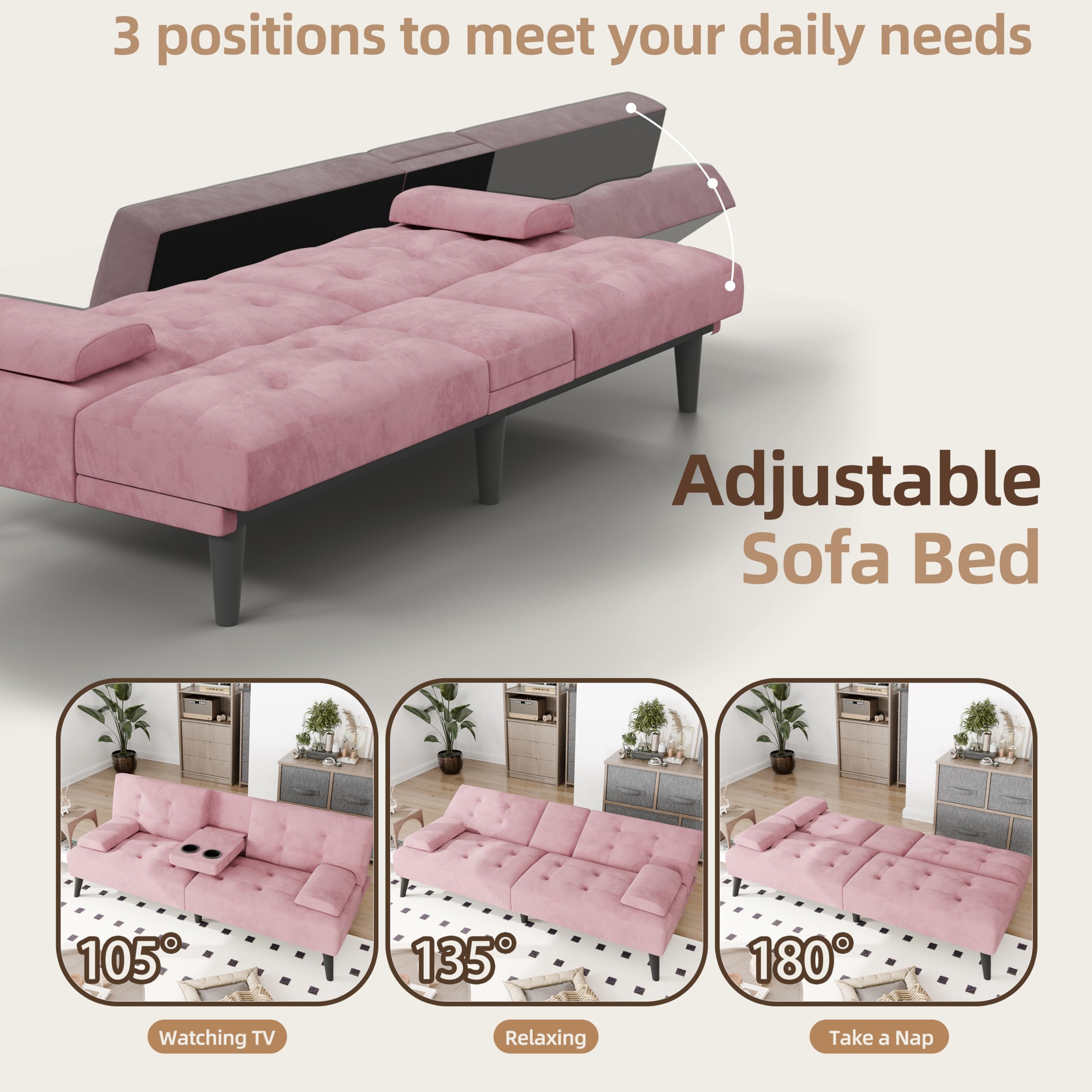 Convertible Futon Loveseat Sofa Bed with Adjustable Backrest & Cup Holders