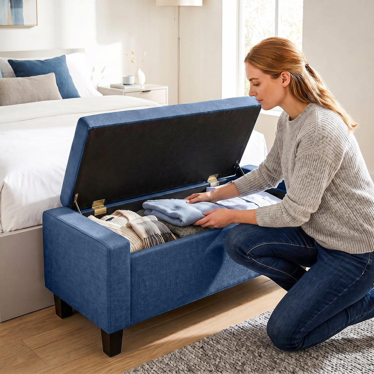 Blue Tufted Storage Ottoman Bench