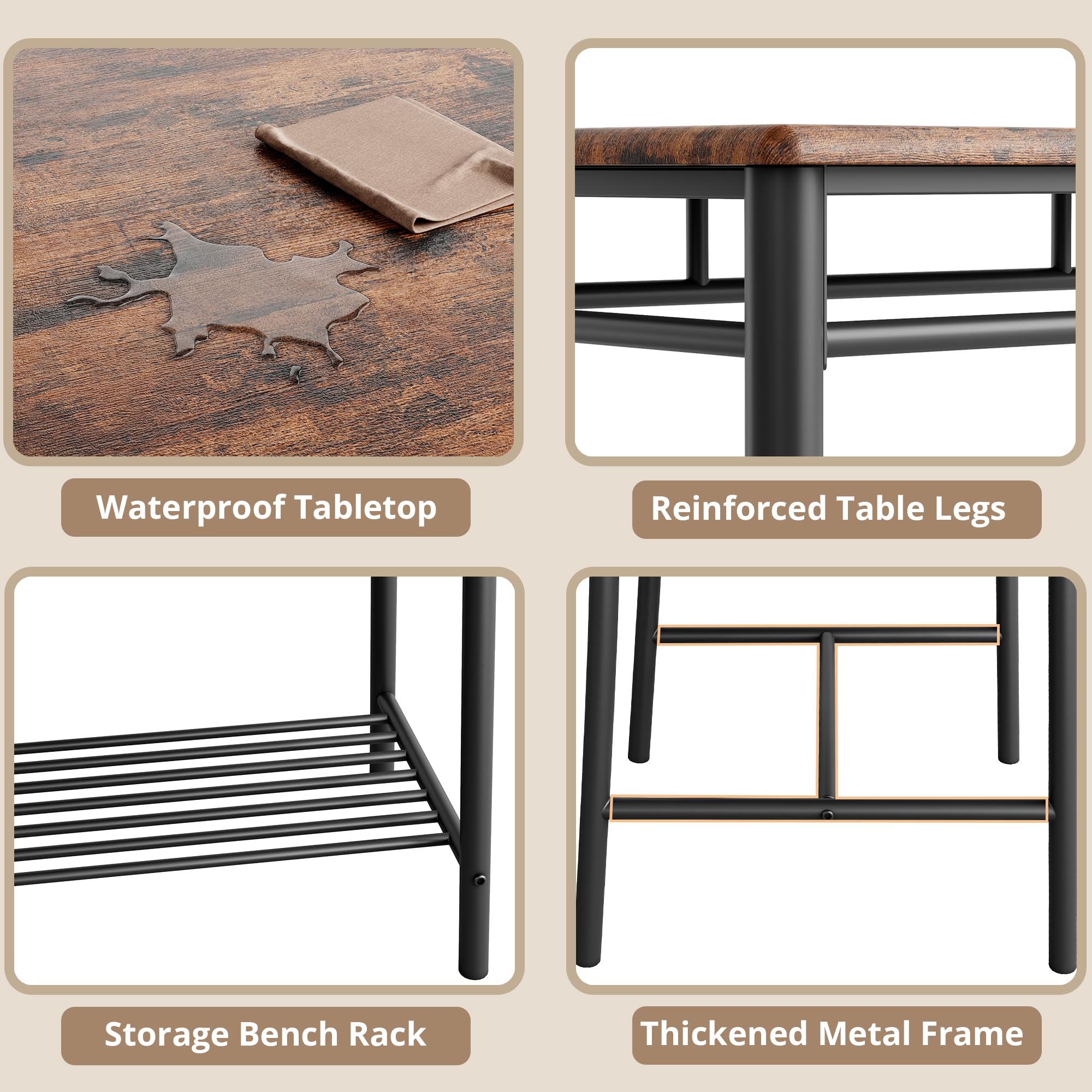 IRONCK Dining Table Set for 4, Kitchen Table with Upholstered Bench and 2 Chairs, Kitchen Table and Chairs Set for Small Space, Apartment, Rustic Brown