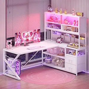 L-Shaped Gaming Desk with Bookshelf & LED Light
