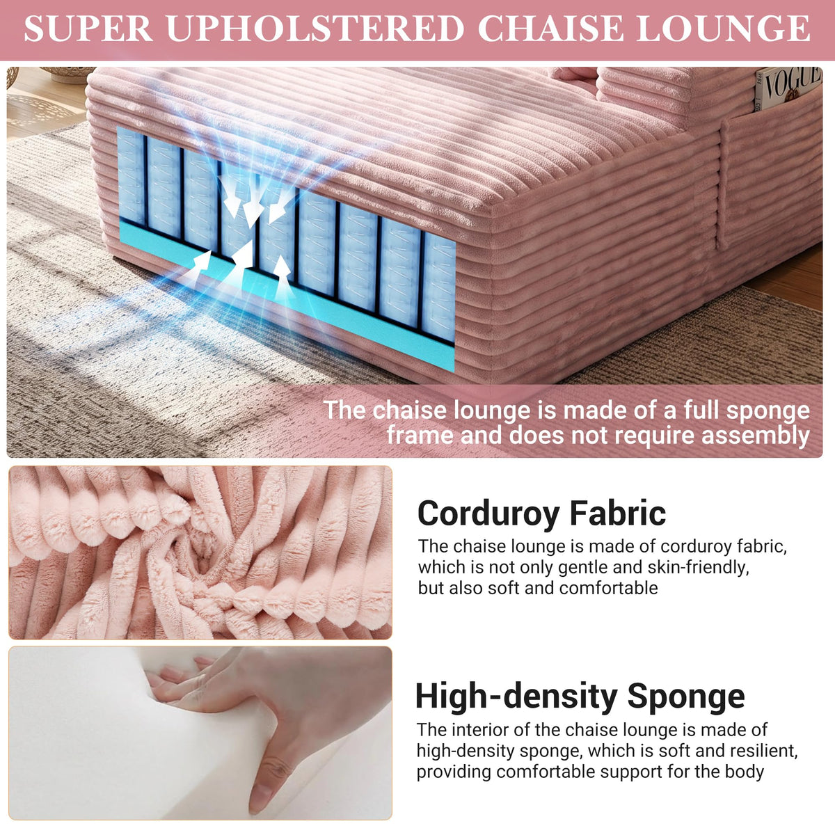 Oversized Chaise Lounge Chair Indoor, Upholstered Boneless Sofa Bed, Corduroy Deep Seat Sleeper Couch Reading Chairs with 1 Cup Holder, 2 Side Pockets & 3 Pillows, No Assembly (Pink, Oversized)