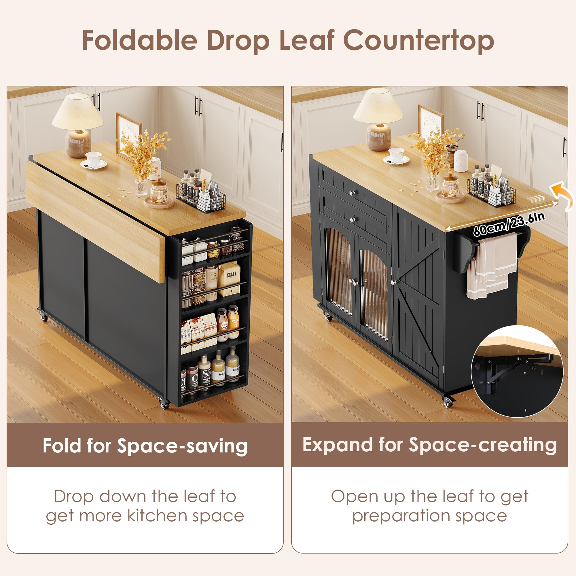 Rolling Kitchen Island Cart with Drop Leaf Countertop