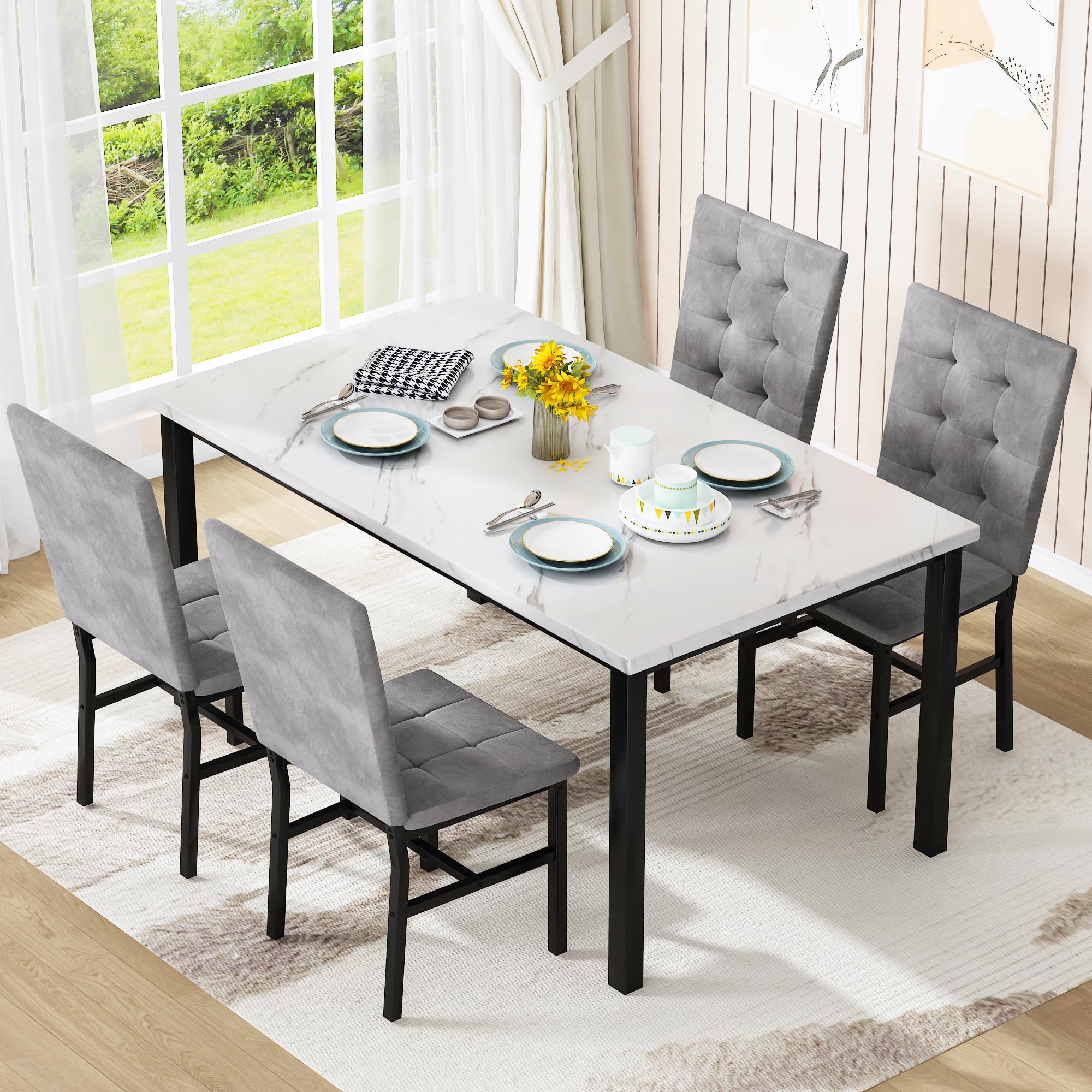 4-Piece Faux Marble Dining Table Set with Velvet Chairs
