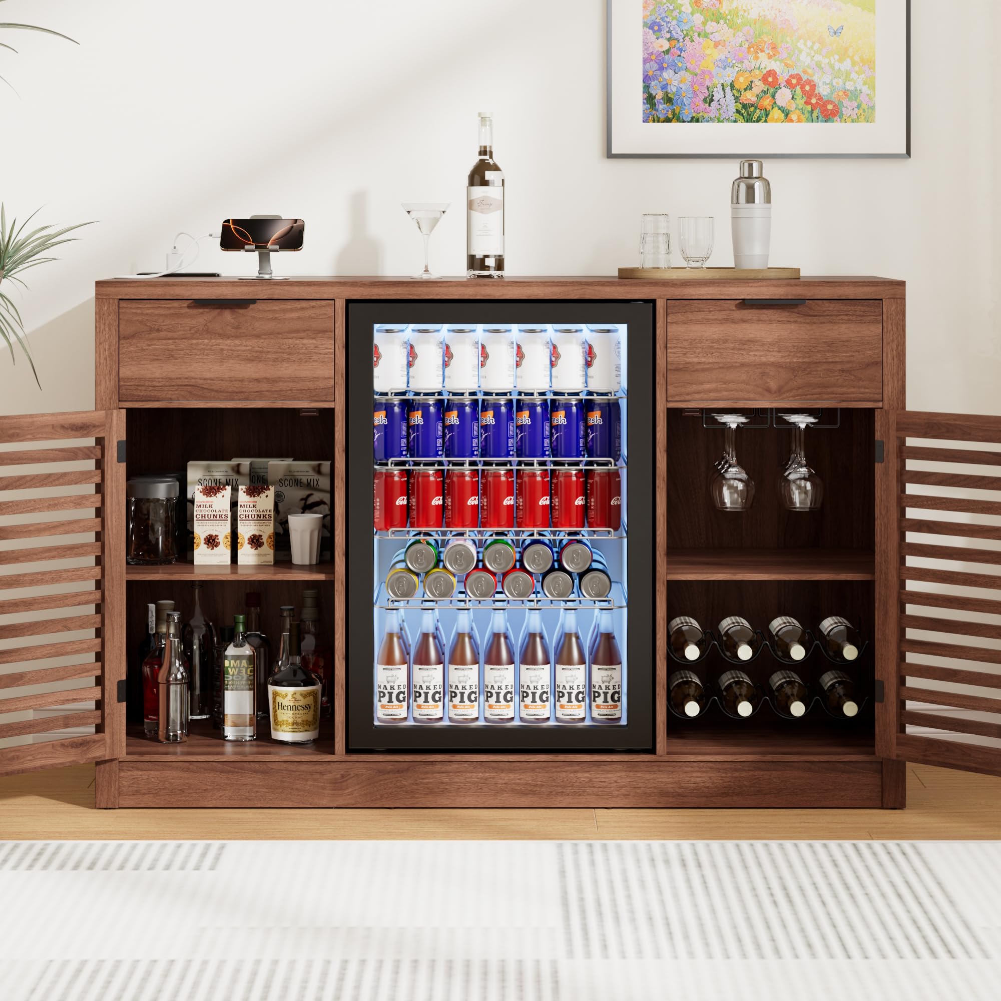 Coffee Bar Cabinet with Fridge Space, Liquor Wine Bar Cabinets with Wine Rack and Glass Holder, Mini Fridge Cabinet with Drawer & Storage, Fluted Buffet Sideboard for Dining Room, Kitchen (Walnut)