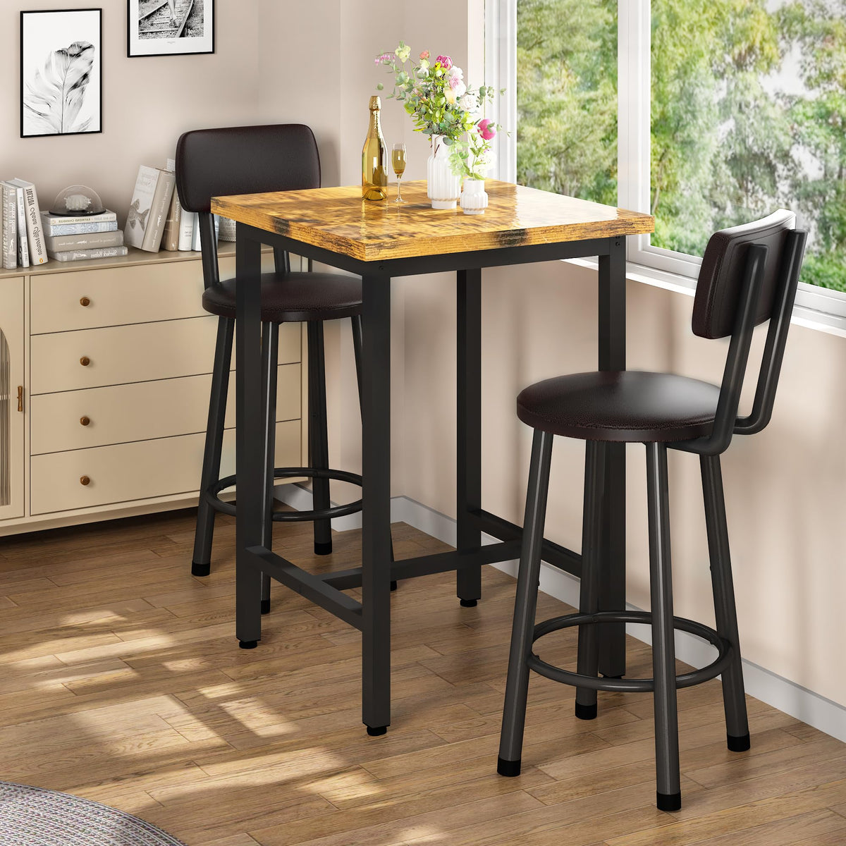 3 Piece Bar Table and Chairs Set for 2, Counter Height Square Pub Dining Set, Bar Table and Stools for 2, Wood Top Bistro Set with Backrest PU Bar Stools for Breakfast Nook Small Kitchen & Living Room