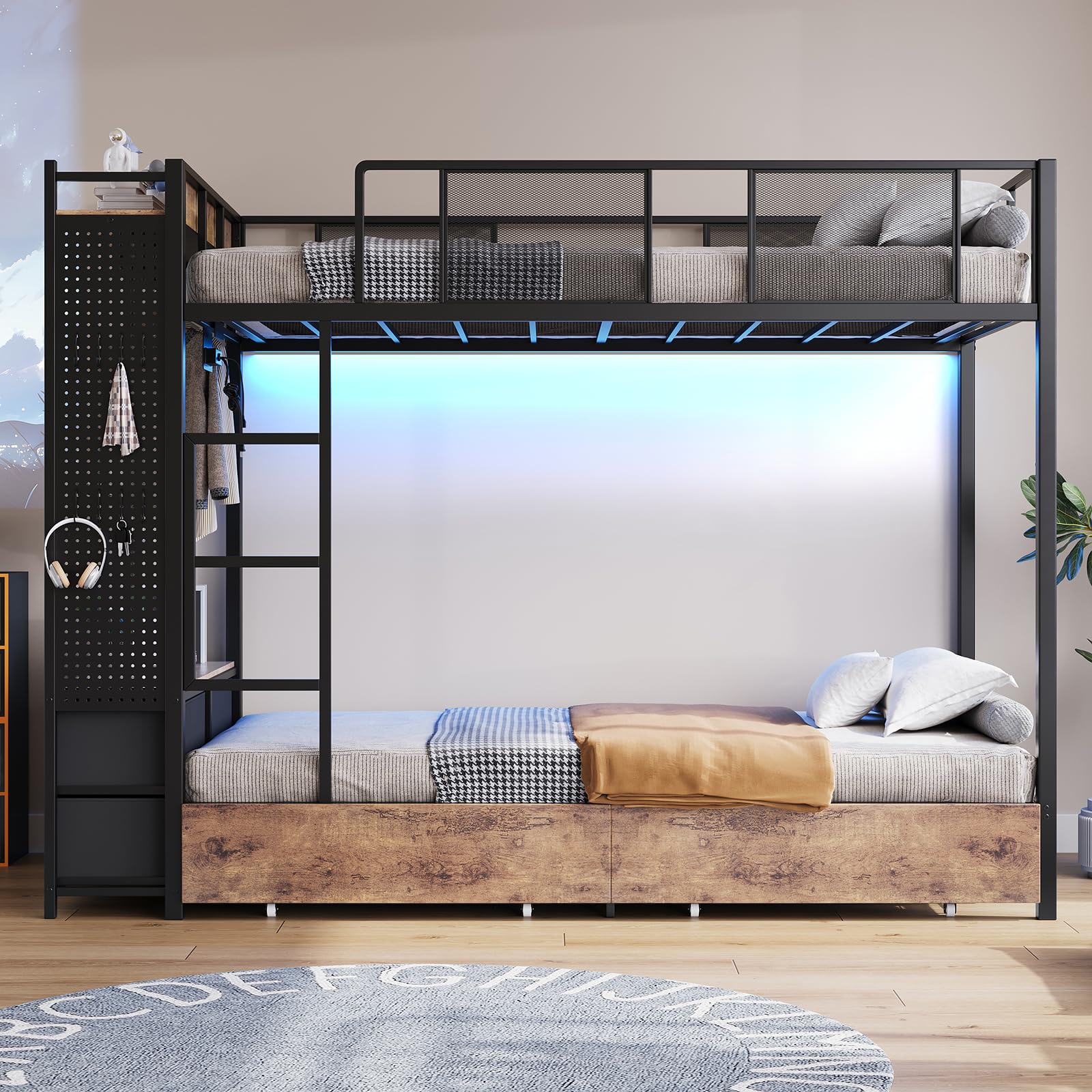 Twin Over Twin Bunk Bed with Hall Tree, LED Lights & Storage