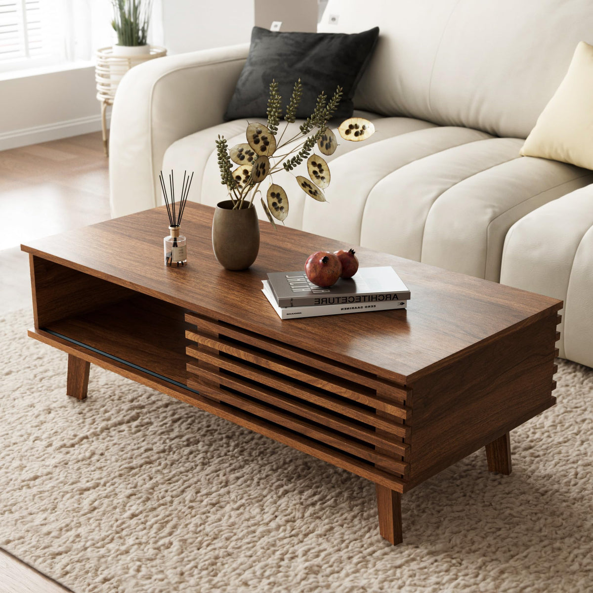 MAISONARIA Mid Century Coffee Table with Storage & Sliding Fence Door, Modern Coffee Tables for Living Room, Walnut Finish