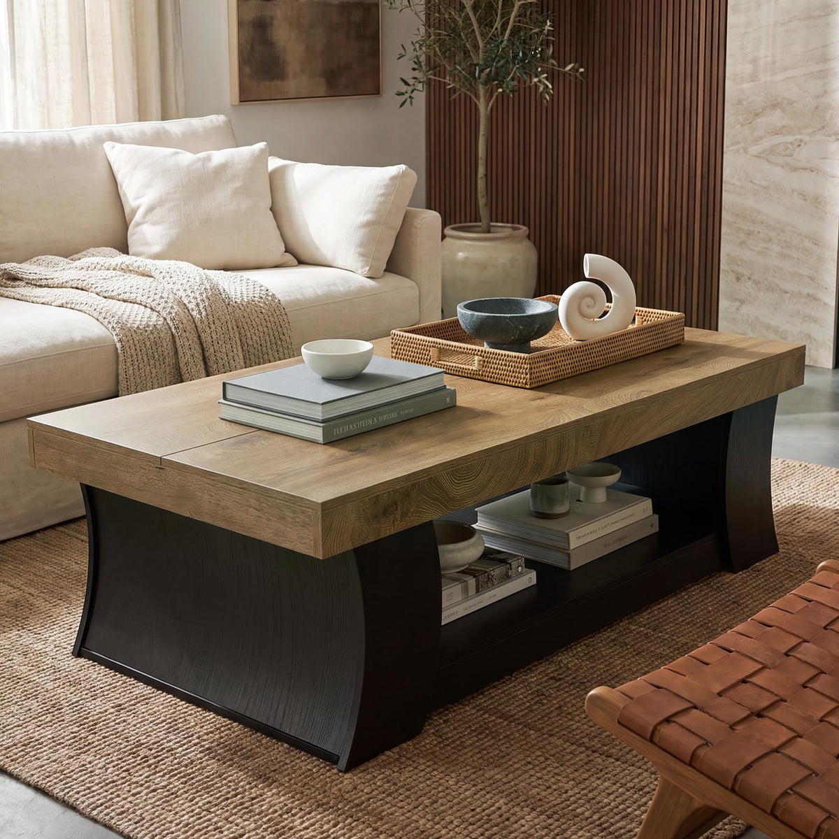 LITTLE TREE 55" Coffee Table, Living Room Table with Storage Shelf, Wooden Coffee Table, Modern Farmhouse Rectangle Center Table for Living Room, Bedroom, Office, Rustic Brown+Black