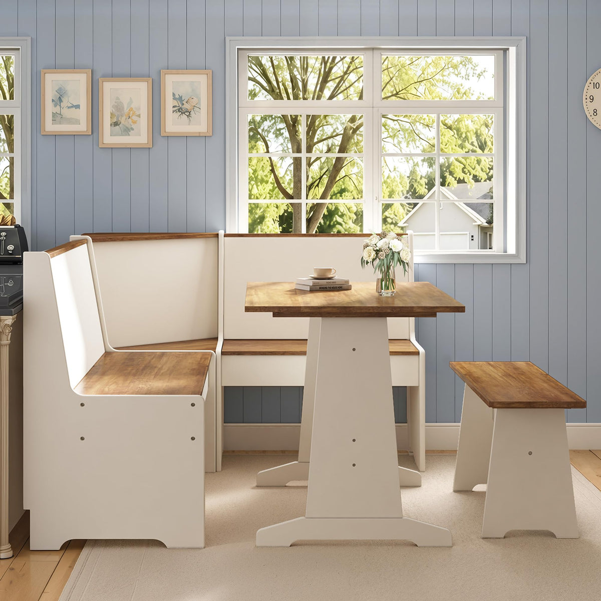 AMERLIFE 3-Piece Corner Dining Set with Hidden Storage, White & Barnwood