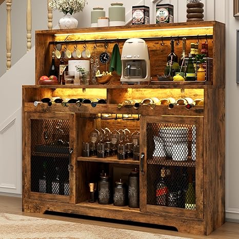 Industrial Wine Bar Cabinet with LED Lighting