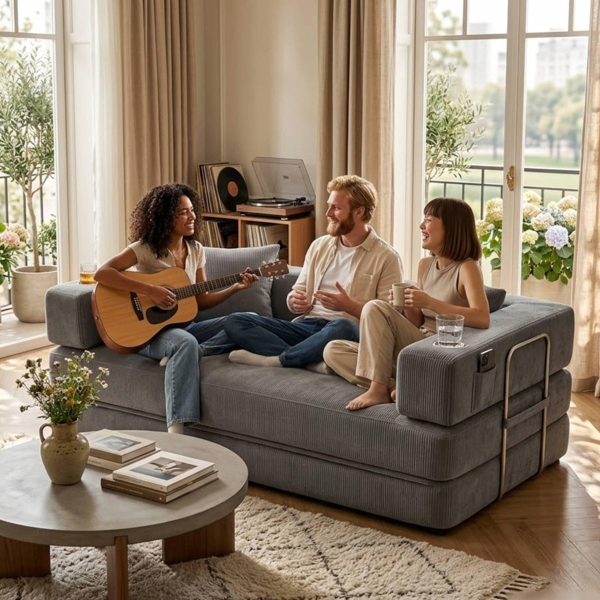 Convertible Sofa Bed, Boneless Couch with Cup Holders for Living Room