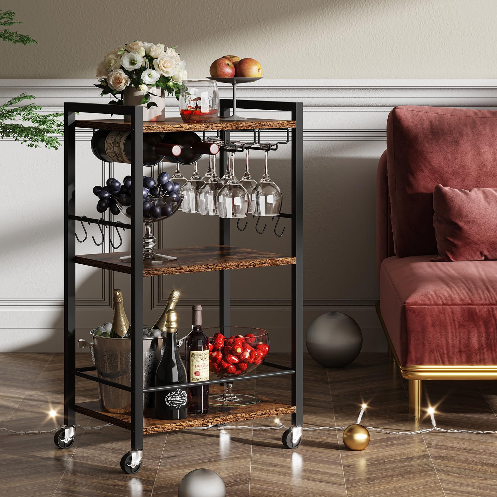 3-Tier Rolling Bar Cart with Wine Rack & Glass Holder