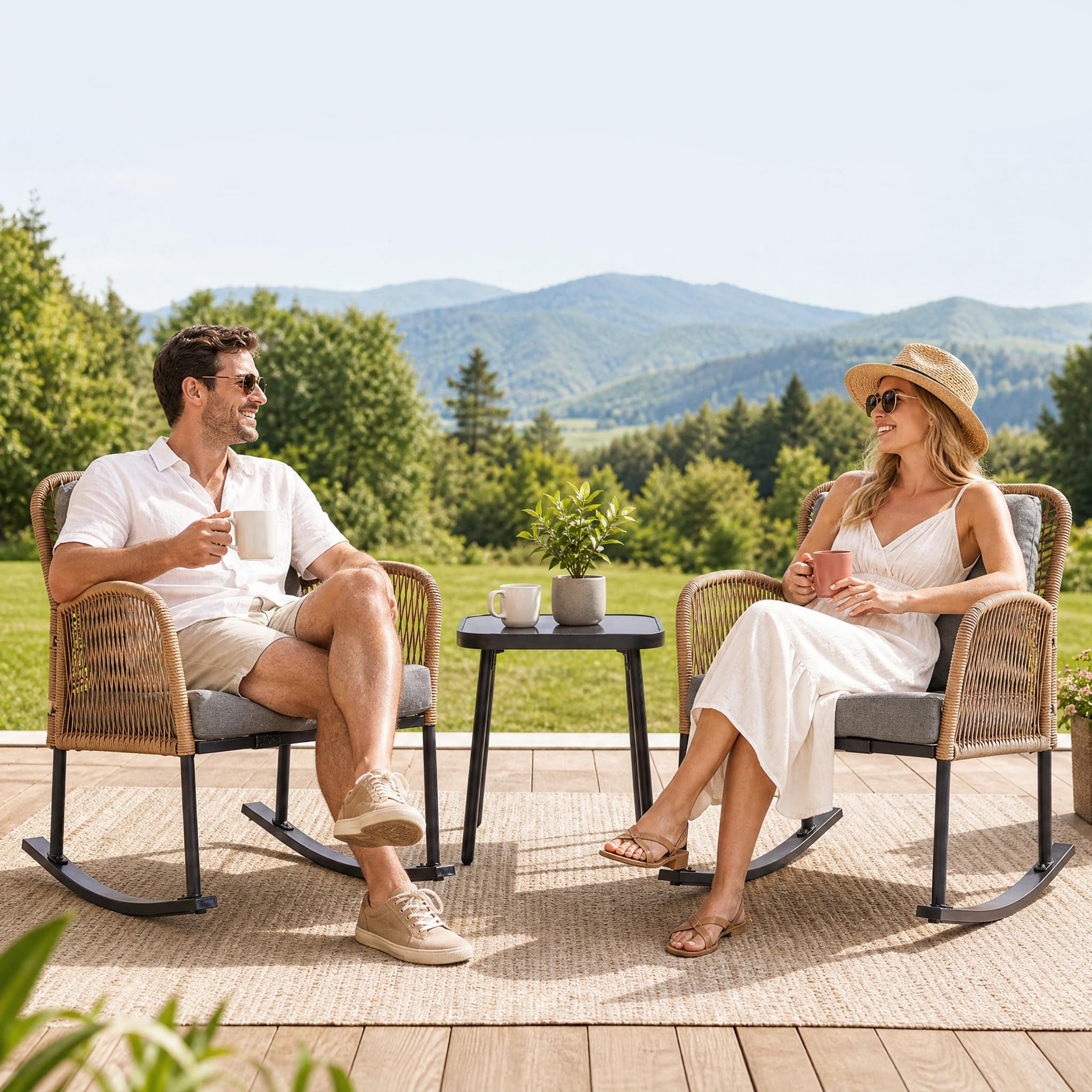 PAZDQ 3-Piece Patio Rocking Bistro Set, Outdoor Hand-Woven PE Wicker Furniture, All-Weather Rattan Bistro Sets & Minimalist Side Table for Porch, Garden, Backyard, Grey
