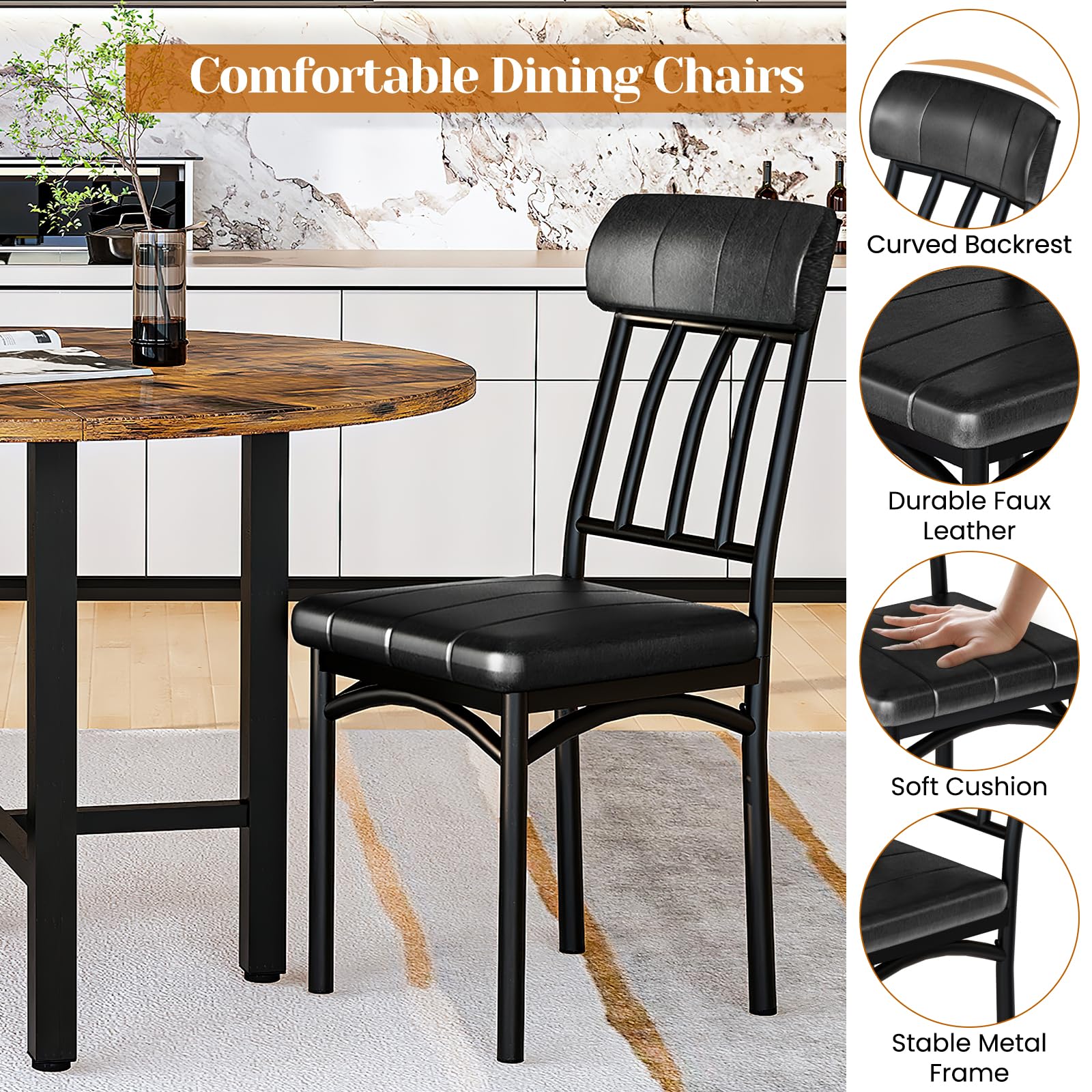 Round Dining Table Set for 4 with Faux Leather Chairs