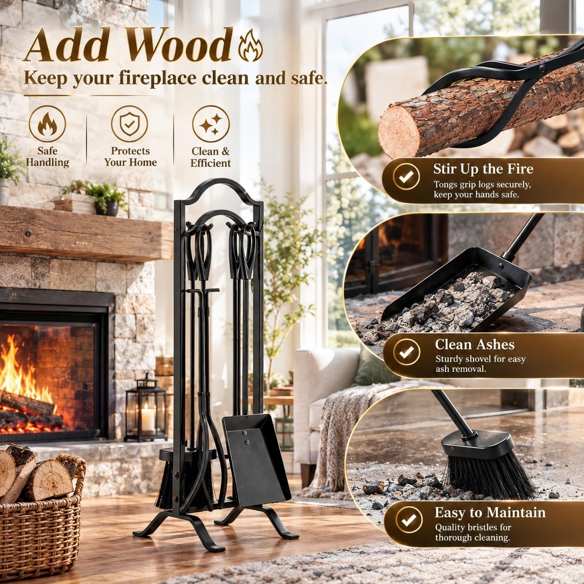 FEED GARDEN Fireplace Tools Set 5 Pcs with Stand, 29” Durable Wrought Iron