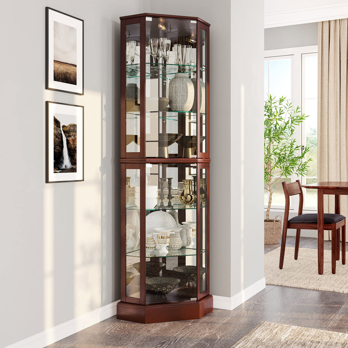 BELLEZE Ashfield Glass Dispaly Cabinet with Light Bulb - Walnut