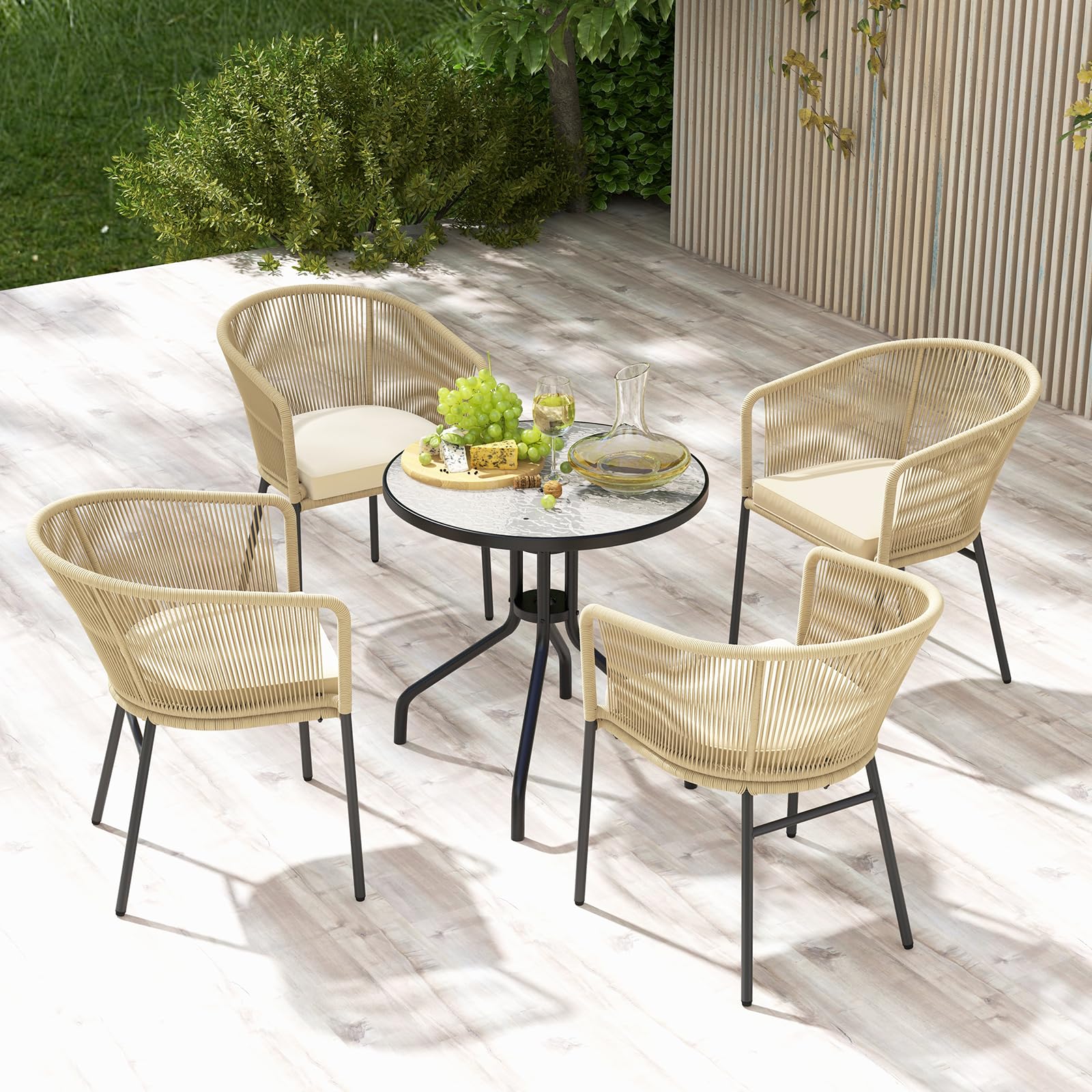 Tangkula Patio Chairs Set of 4, Outdoor Accent Chairs with Woven Rope Curved Backrest & Armrests, Seat Cushion, Adjustable Foot Pads, Modern Dining Chair for Dining Room, Patio, Backyard, Beige