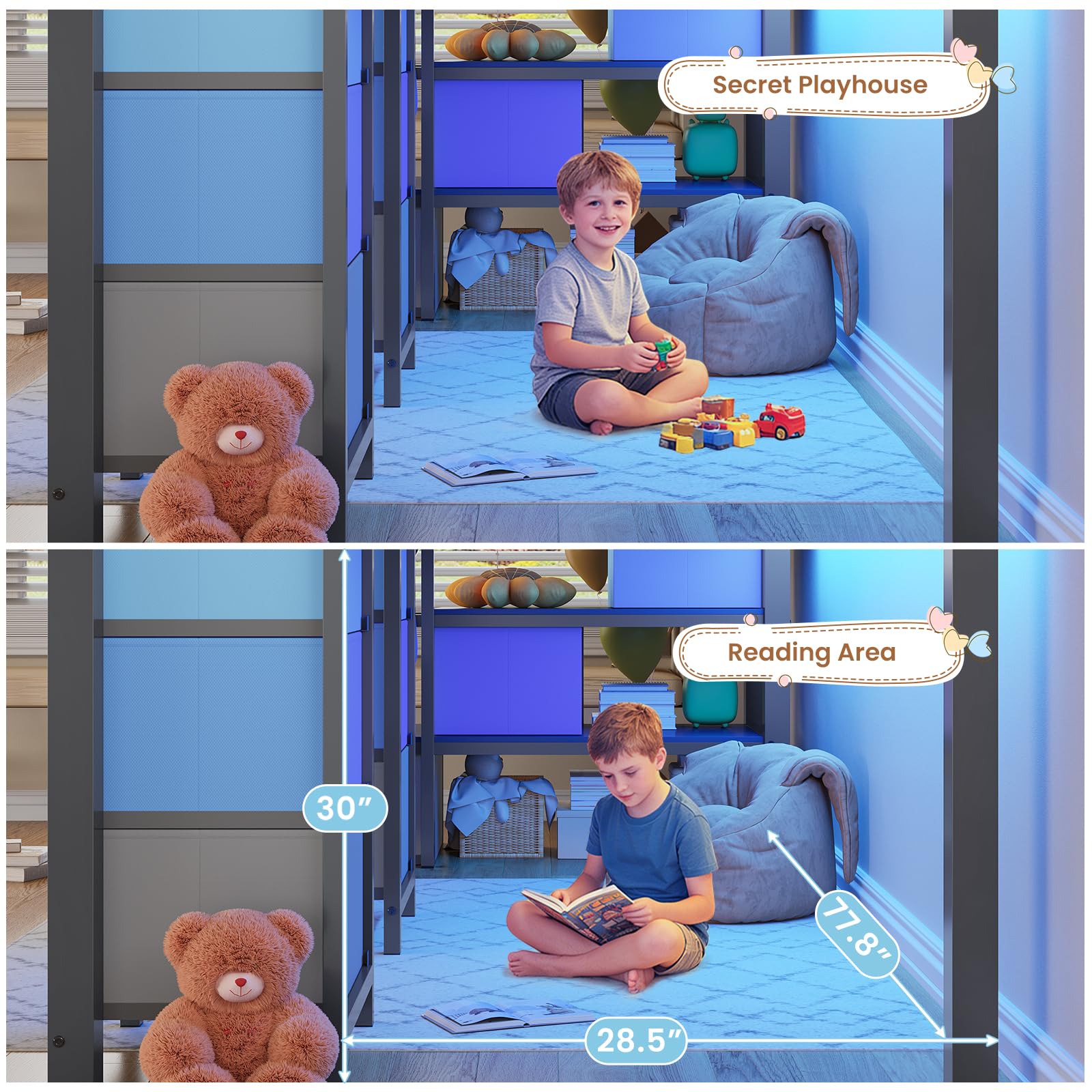 Kids Low Loft Bed Twin with Storage Drawers, LED Lights & Playhouse