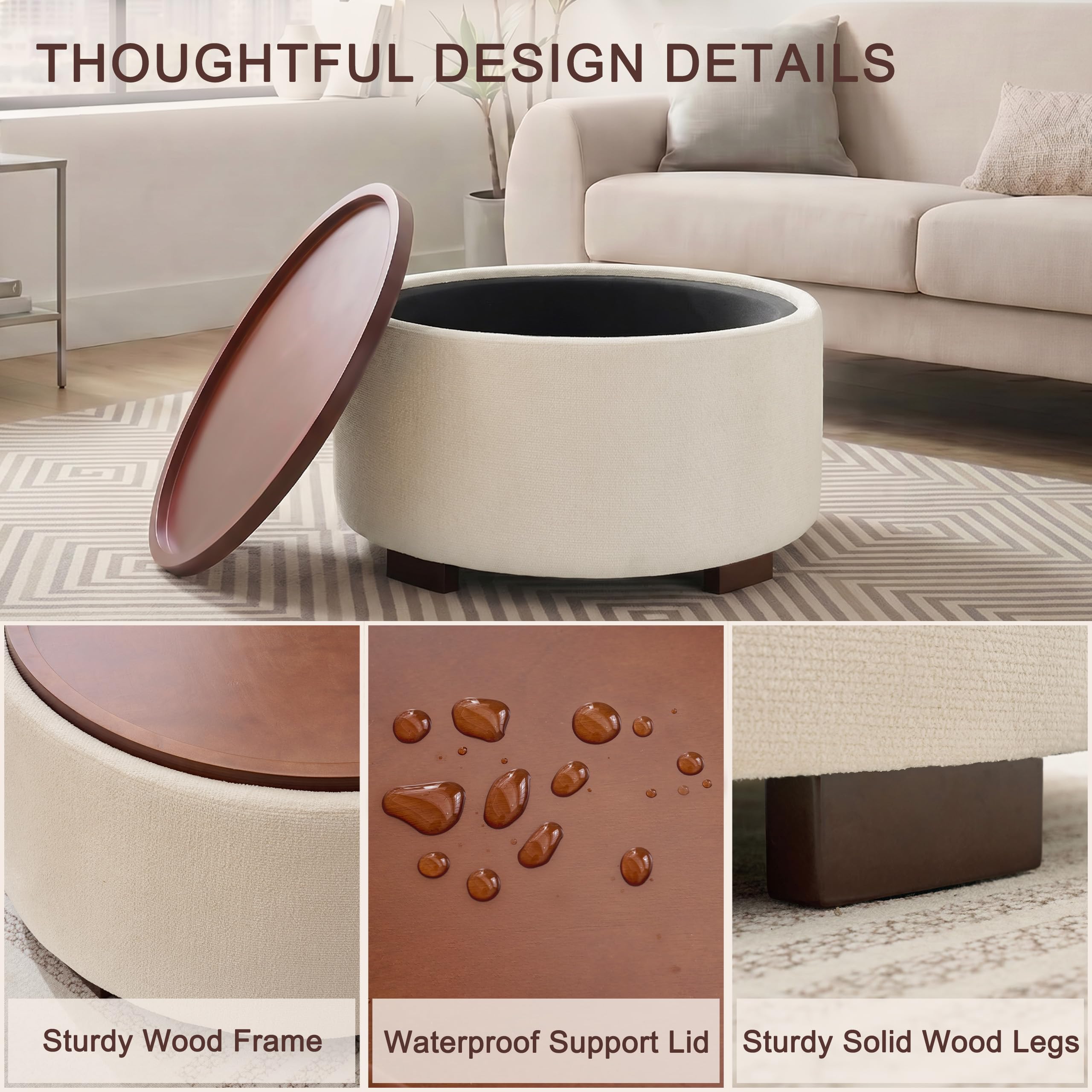 Huatean Home 29.1 Inch Round Coffee Table, Storage Ottoman with Removable Lid Top and Solid Wood Legs, Round Ottoman with Storage for Living Room, Bedroom, Corners, Entryway, Boucle Ottoman, Beige