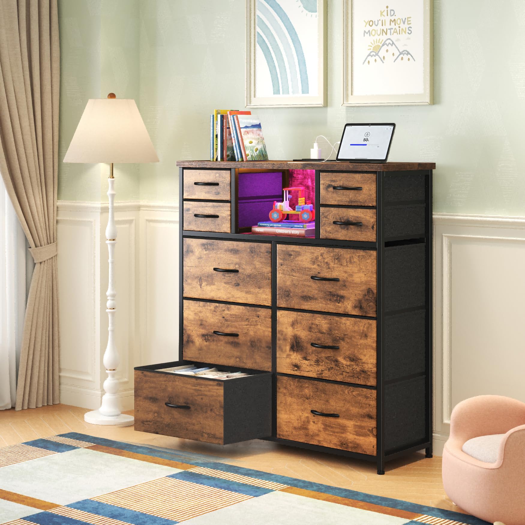 Romorgniz Dresser for Bedroom with 10 Drawers Featuring LED Light and Power Outlet, Fabric Dressers & Chest of Drawers with Open Shelves for Hallway, Living Room, Steel Frame,Wood Top, Rustic Brown