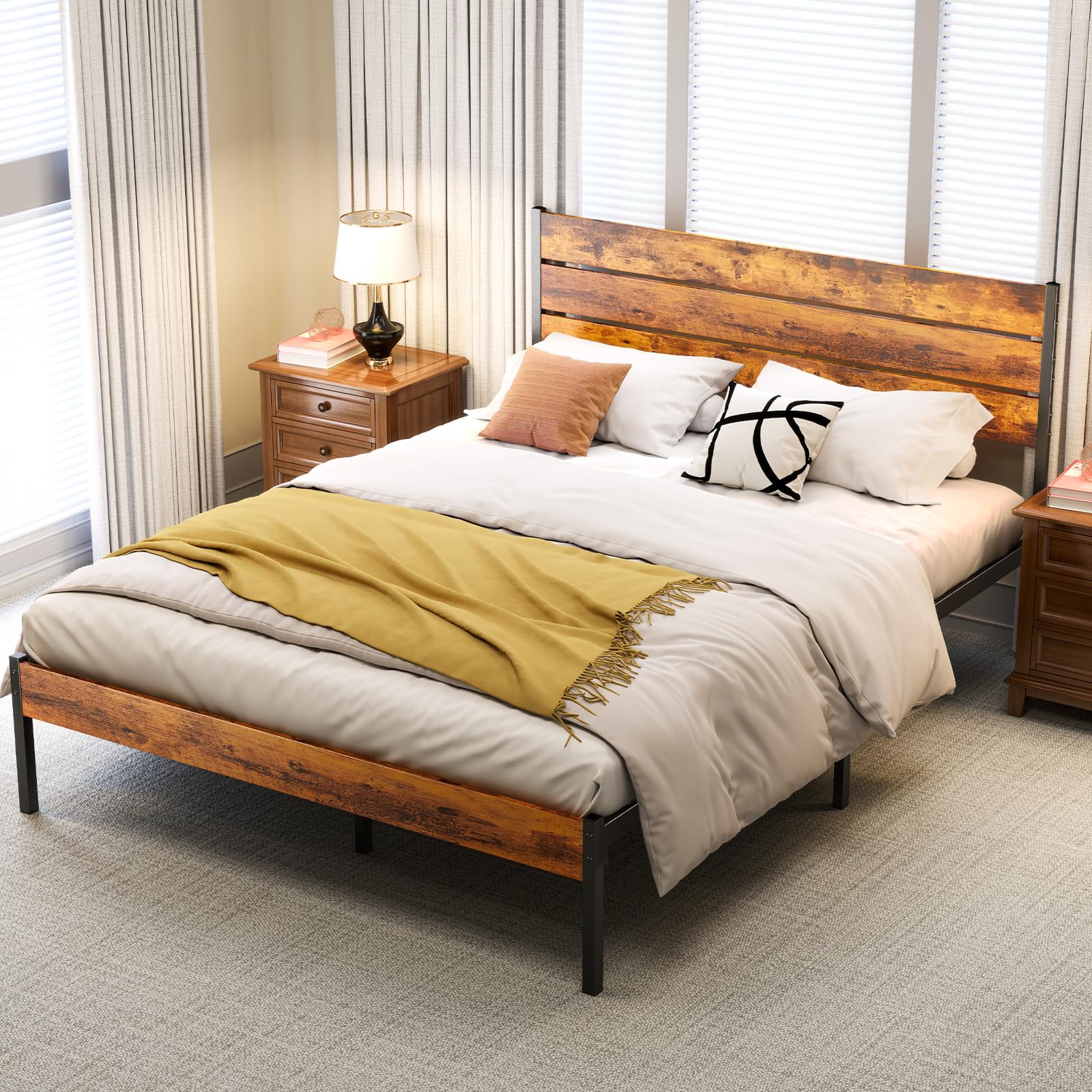 Industrial Metal Bed Frame with Headboard – 800 lb Capacity, Under-Bed Storage