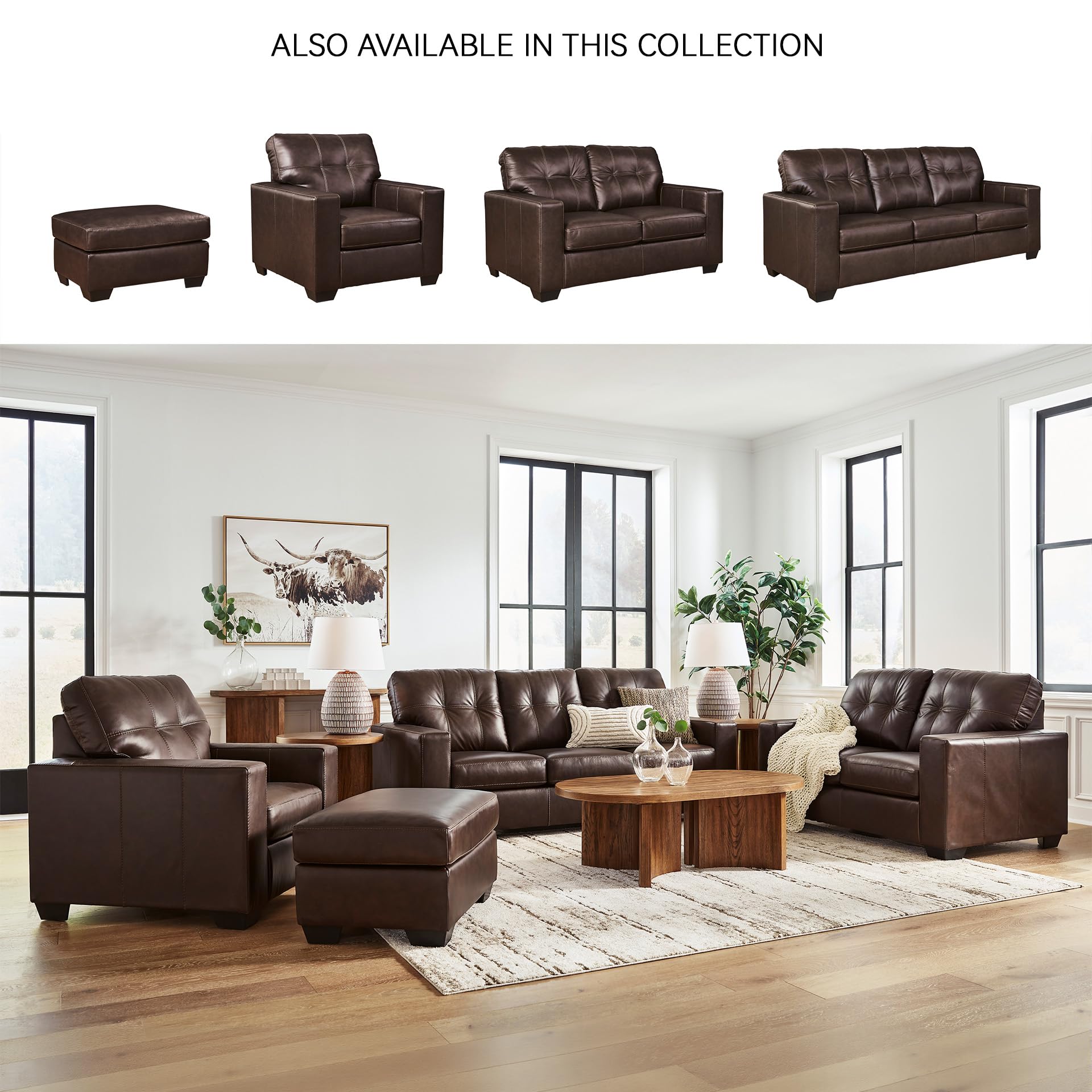 Signature Design by Ashley Santorine Classic Leather Match Rectangular Ottoman for Living Room, Dark Brown