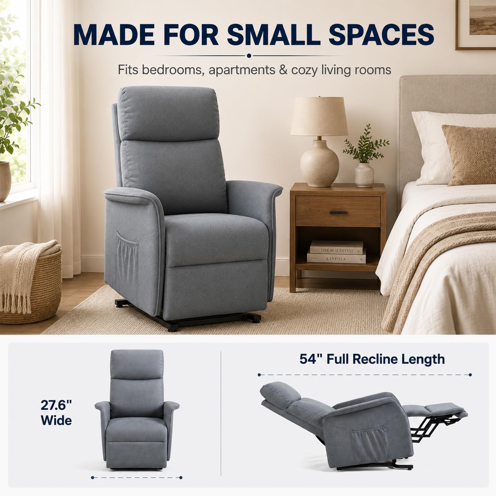 OKUP Power Lift Recliner Chair with Massage and Heat for Elderly, Electric Recliner Chairs for Adults with Side Pocket Remote Control, Infinite Position, Fabric (Dark Grey)