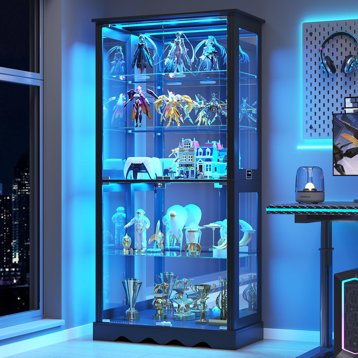 Dystler Display Cabinet with RGB LED Lights & Glass Doors, 5-Tier, Black