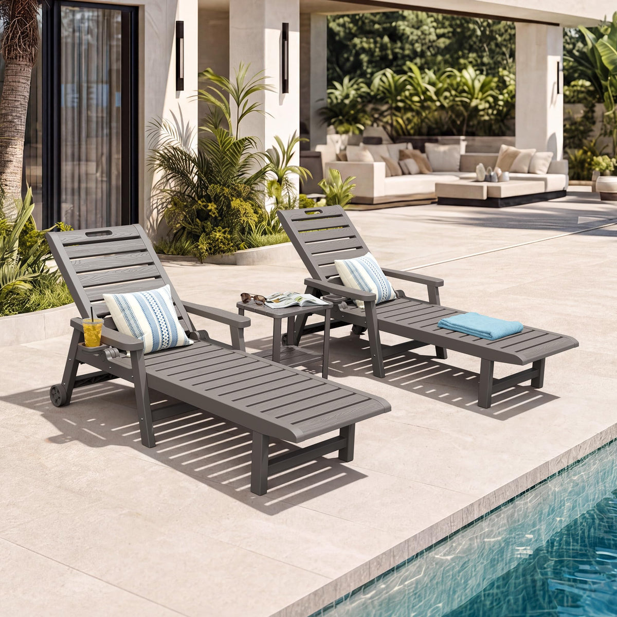 NUNU LAB Outdoor Chaise Lounge Chairs Set, Grey with Wheels, 2pcs