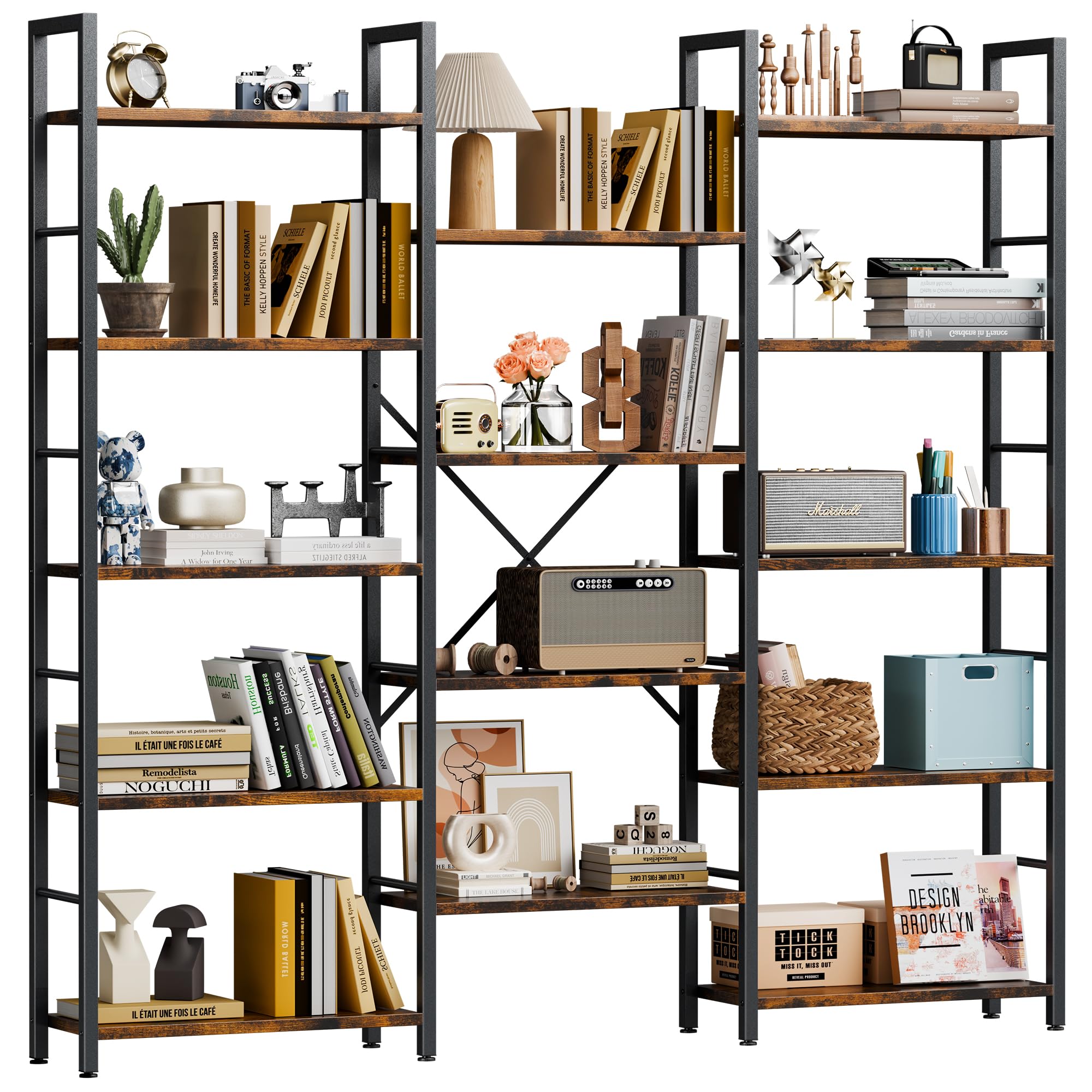 Triple Wide 5-Tier Bookshelf with 14 Open Shelves