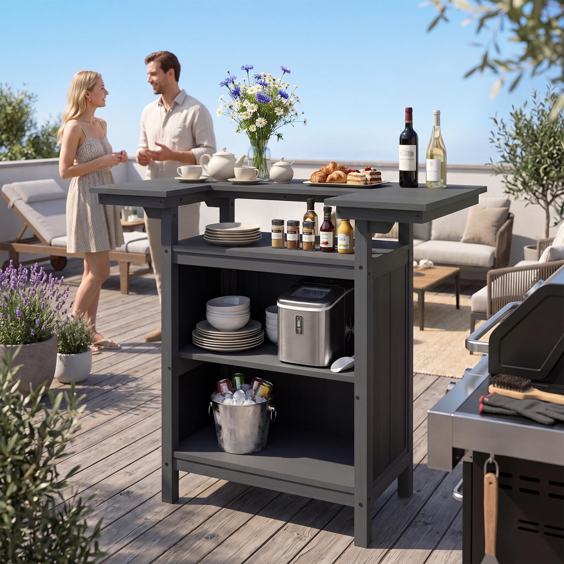 SHPAI Outdoor Bar, Patio Bar, Outdoor Kitchen Island, Outside Bar, Backyard Bar, HDPE & Aluminum Frame for Entertaining