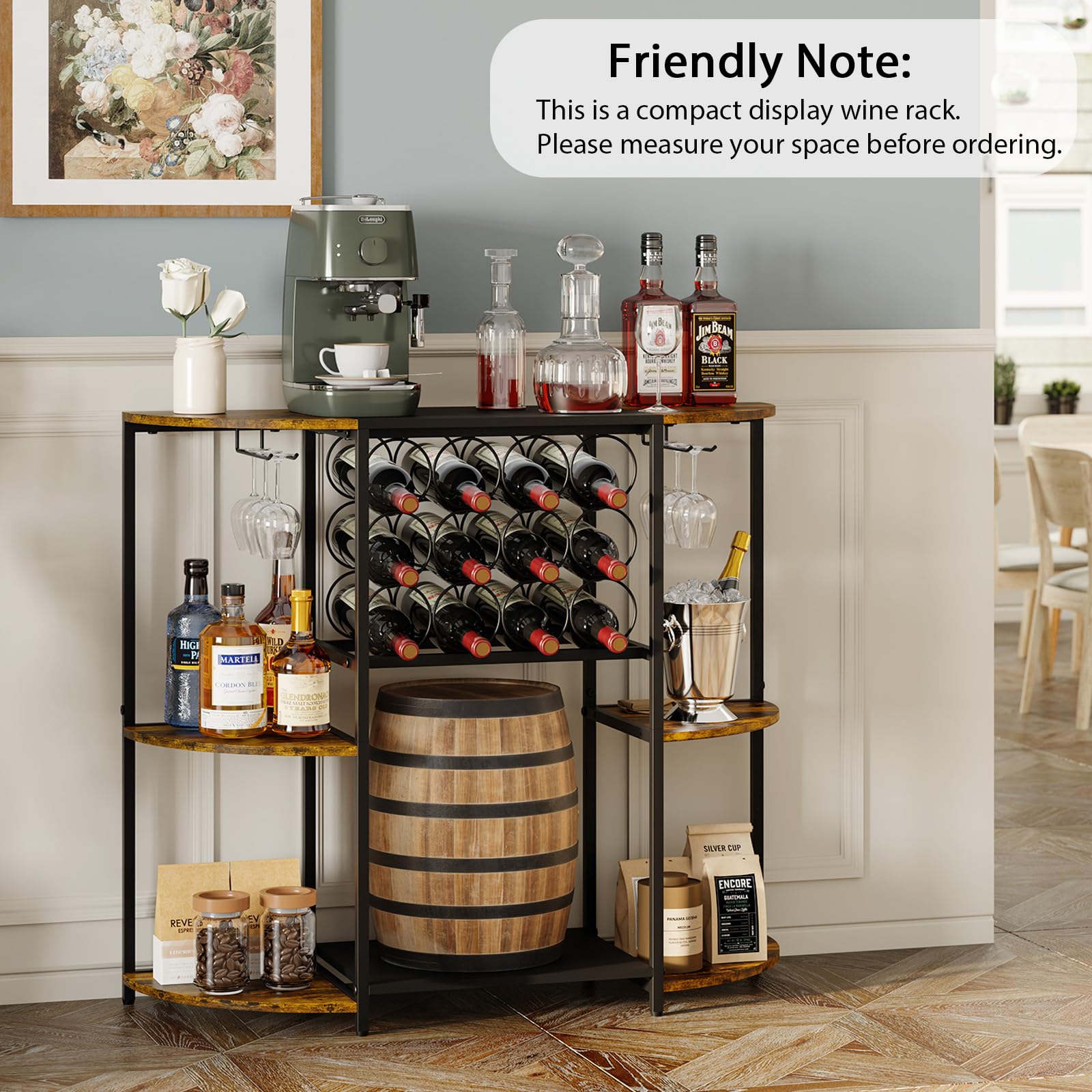 3-Tier Wine Bar Cabinet with LED Lights & Glass Holder