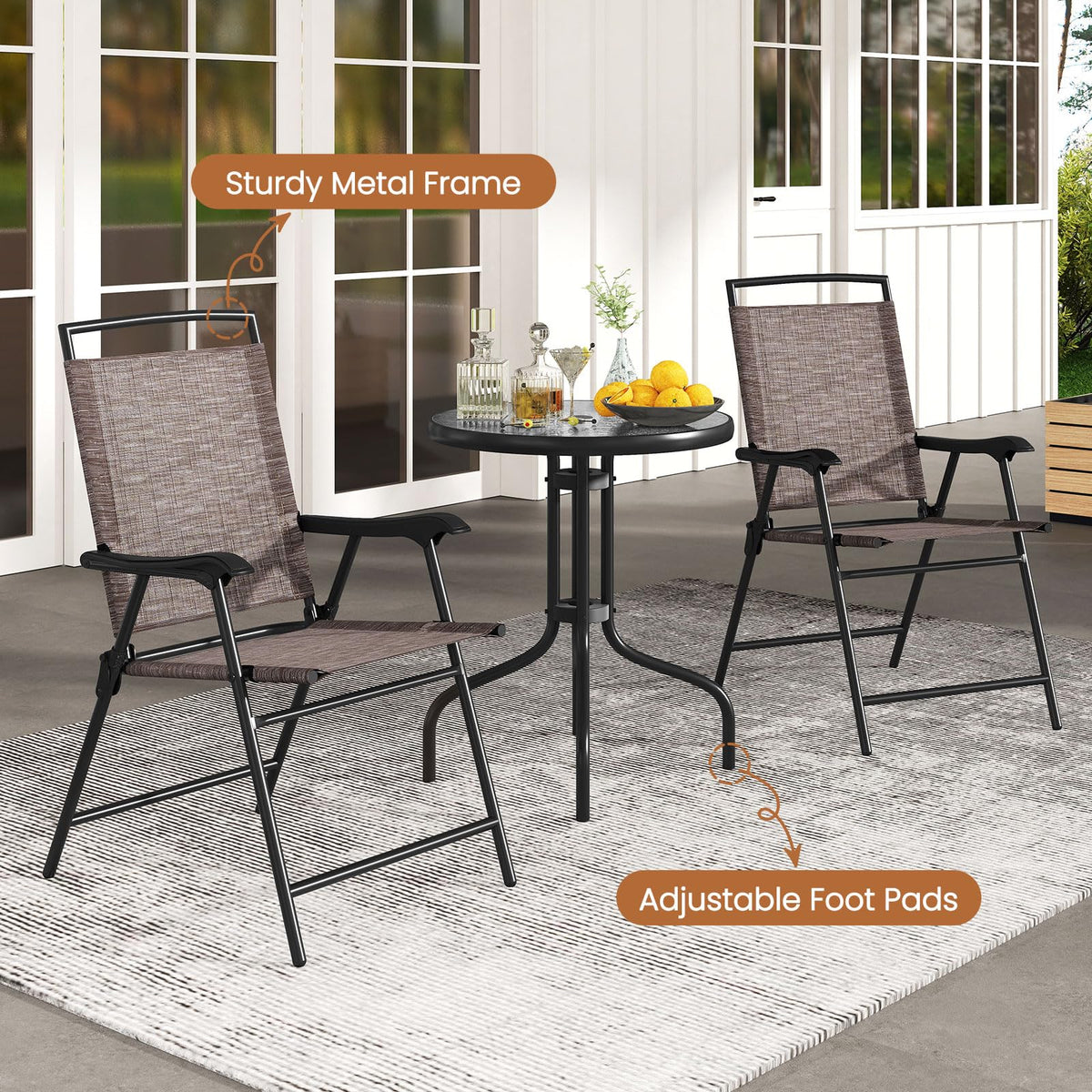 Tangkula 3 Piece Bistro Set Outdoor, Bistro Folding Chairs and Table Set, Rippled Tempered Glass Round Tabletop with Umbrella Hole, Small Patio Furniture Dining Set for Porch Balcony Garden Yard