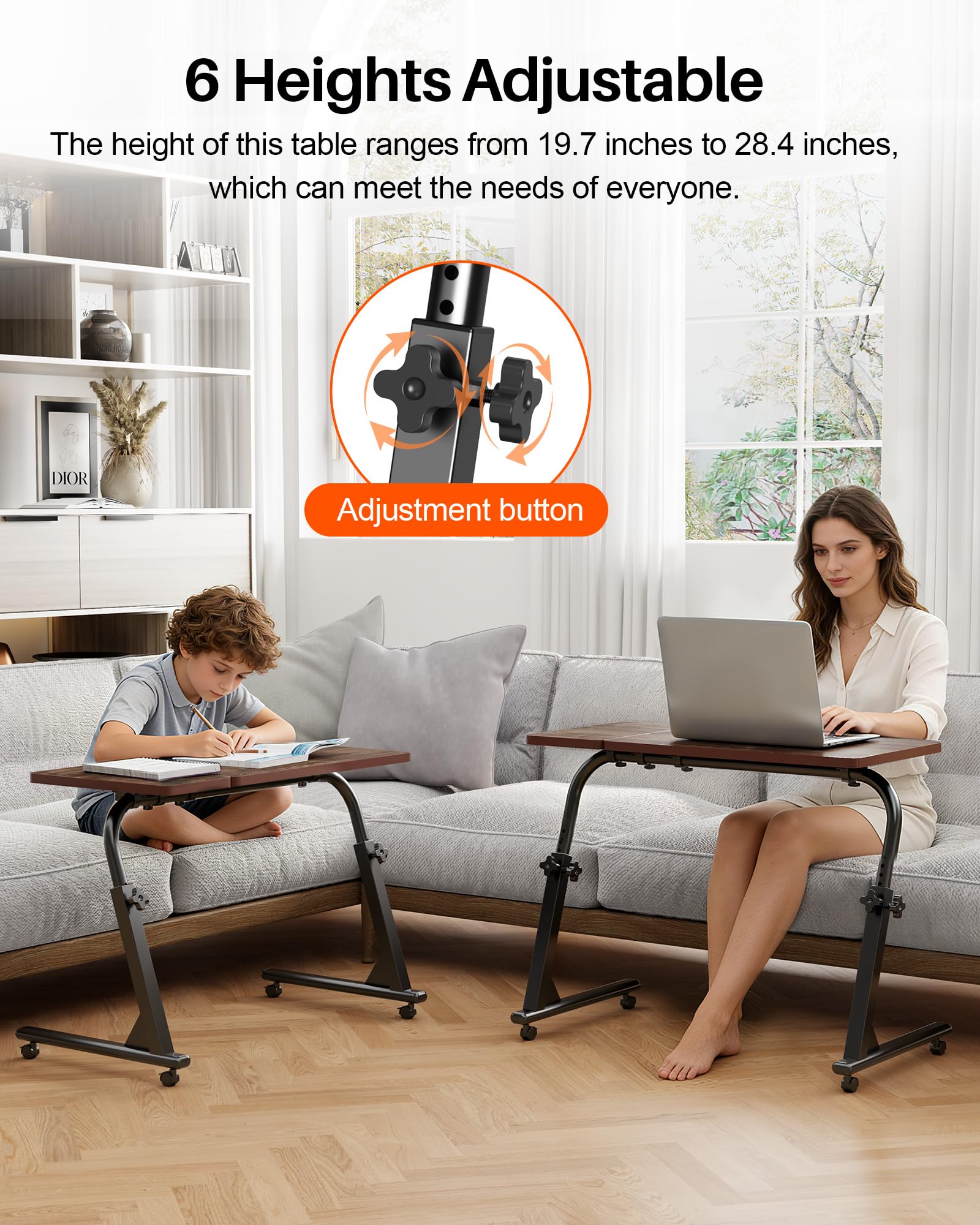 Forjarn TV Tray Table, Mobile TV Dinner Trays for Eating on Couch, Folding Side Desk with Wheels, Tilt & Height Adjustable Snack Table Laptop Desk for Sofa Living Room Bedroom & Office (Brown)